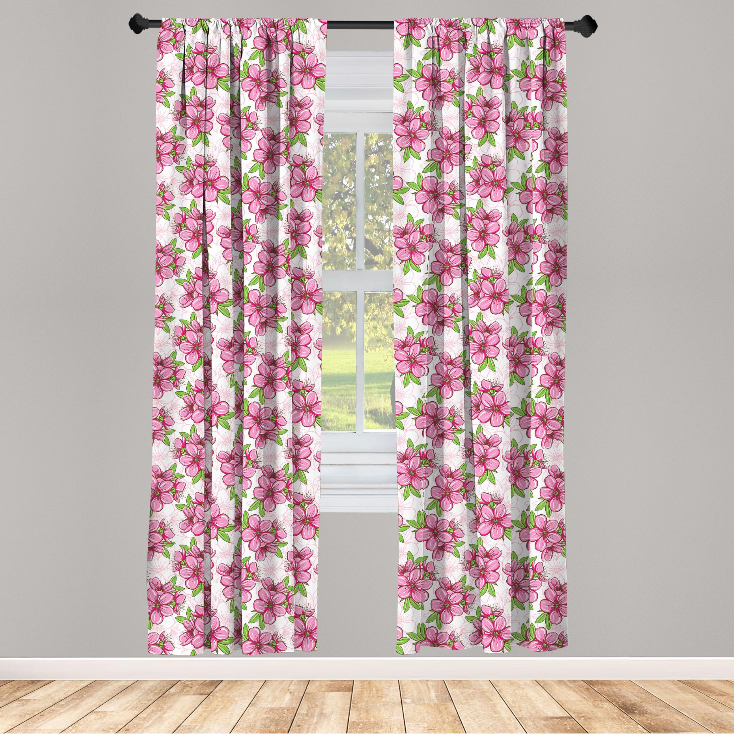 Ambesonne Almond Blossom Curtains - Cherry Blossom Floral Pattern with Green Leaves, Pink Green White Window Drapes, 2 Panel Set (28x63 Inches) for Living Room Bedroom Decor, Home & Office Use
