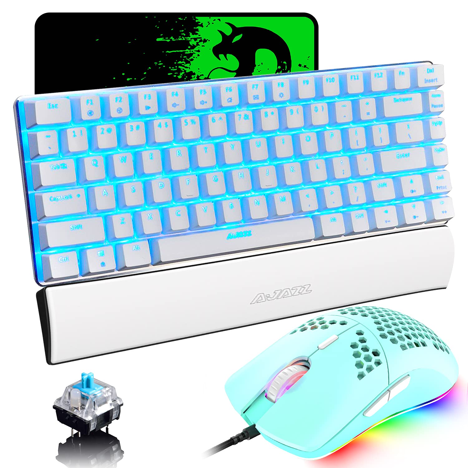 4-in-1 RGB Gaming Keyboard and Mouse Combo Set with Wrist Rest - Rainbow LED Backlit Wired Mechanical Keyboard, 6400 DPI Honeycomb Shell Gaming Mouse, Large Mouse Pad - Perfect for PC Gamers & Esports (Green)