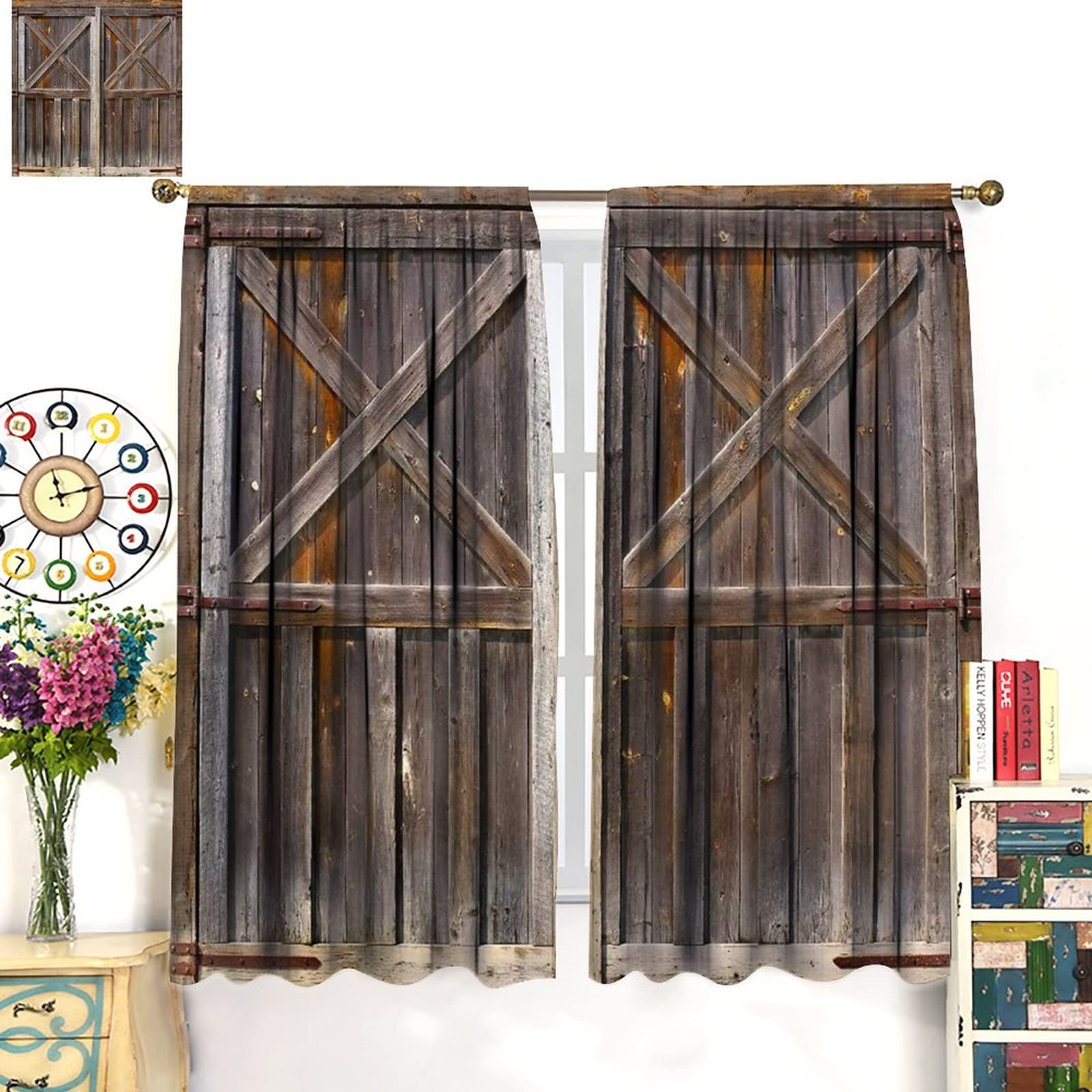 Rustic Wooden Barn Door Curtains 42x63in for Boys Room & Living Room Decor