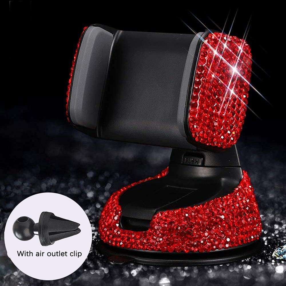 SUNCARACCL Bling Car Phone Holder - 360° Adjustable Crystal Auto Phone Mount, Universal Rhinestone Car Stand for iPhone Samsung - Windshield Dashboard & Air Vent Accessories (Red) - Perfect for Commuting, Road Trips & GPS Navigation