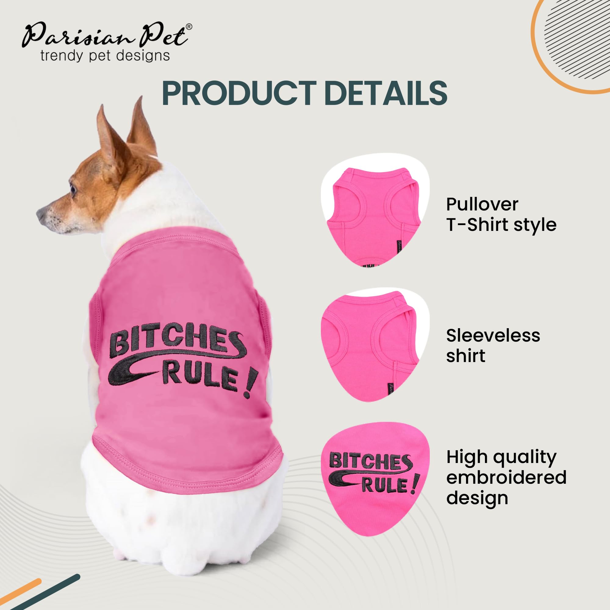 Parisian Pet Dog T-Shirt - Embroidered 'B*tches Rules' Sleeveless Dog Shirt - 100% Cotton Lightweight Funny Dog Clothes - Machine Washable Large Dog Tee - Perfect for Dog Parks, Birthday Parties & Instagram Photos
