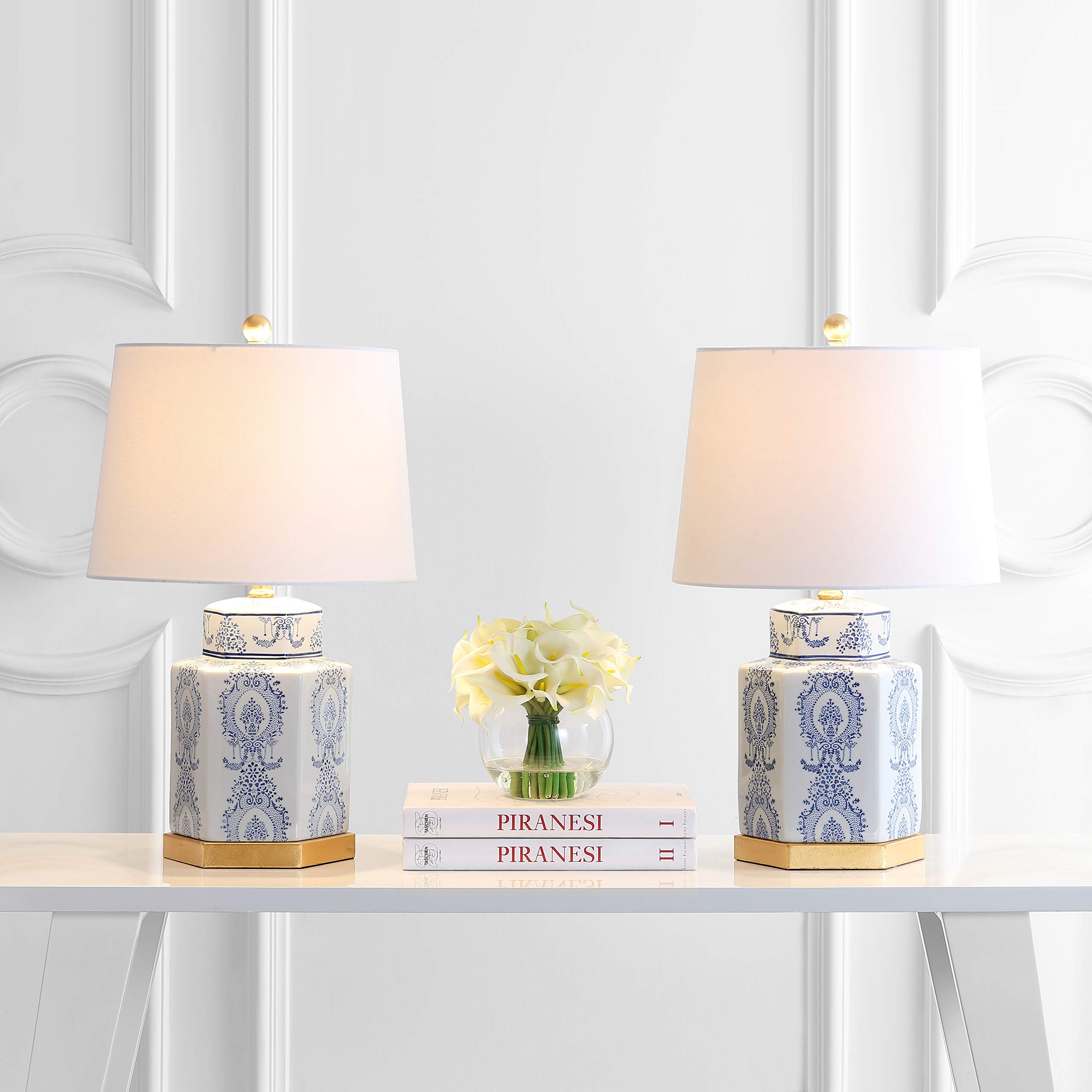 SAFAVIEH Bodin Blue and White 23-inch Table Lamp Set of 2 with LED Bulbs - Modern Bedside Lighting for Bedroom, Living Room & Home Office - Perfect for Reading, Decor & Ambient Lighting