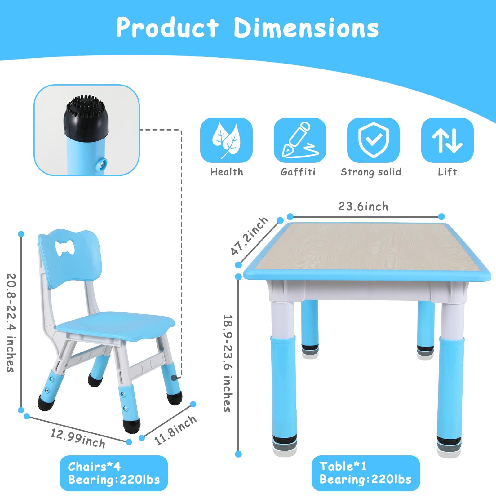 Arlopu Adjustable Height Kids Table and 4 Chairs Set - Non-Slip Toddler Activity Table with Graffiti-Proof Surface - Blue Children's Furniture for Reading, Drawing, Daycare & Home Classroom Use