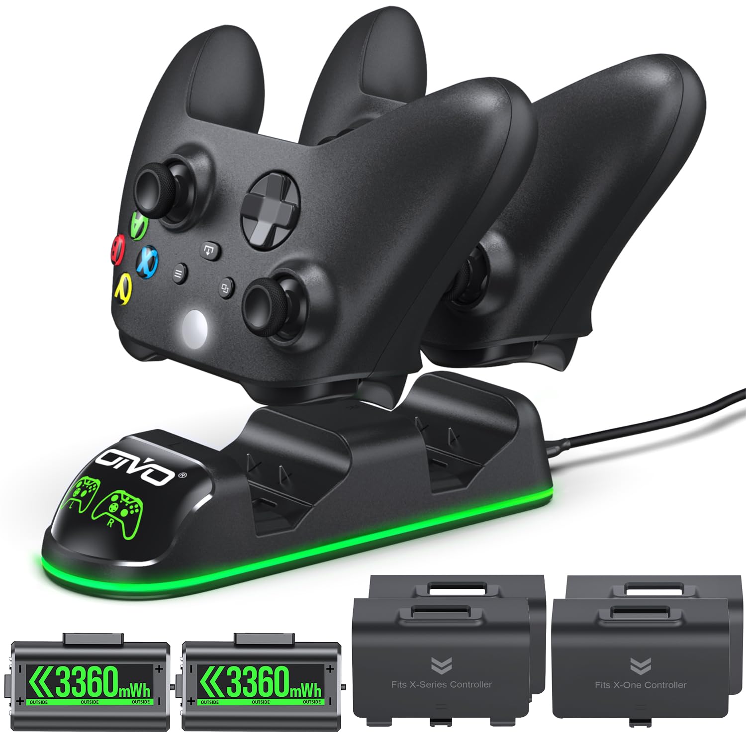 Xbox Controller Charger with 2-Pack 3360mWh Rechargeable Batteries - Compatible with Xbox Series X/S, Xbox One, Elite & Core Controllers - Includes 4 Protective Covers - Perfect for Gaming Sessions & Long Playtime
