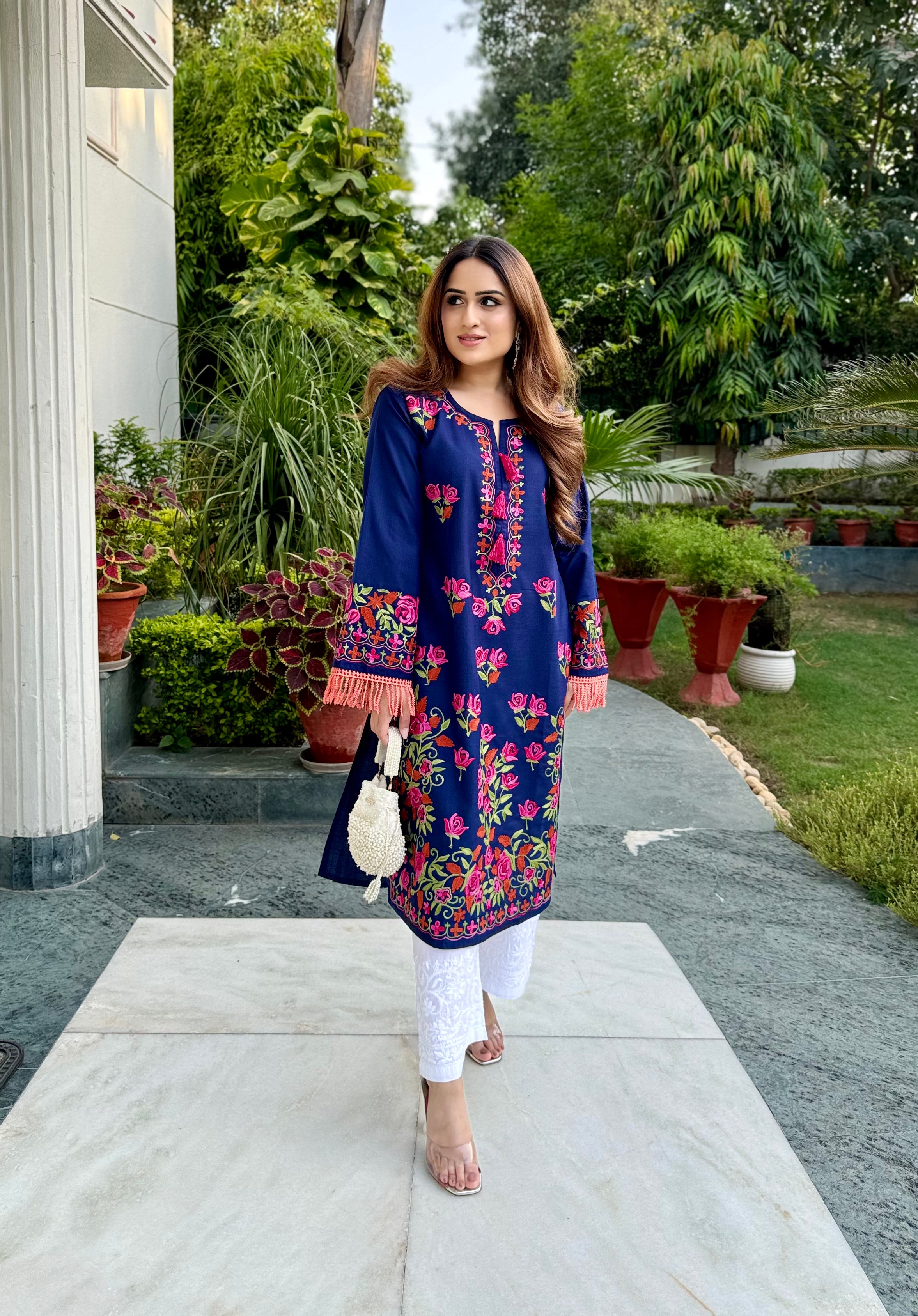 Stylish Nikita in Falak Kashmiri Long Kurta for Women - Navy Blue Ethnic Dress for Casual Wear & Festive Occasions