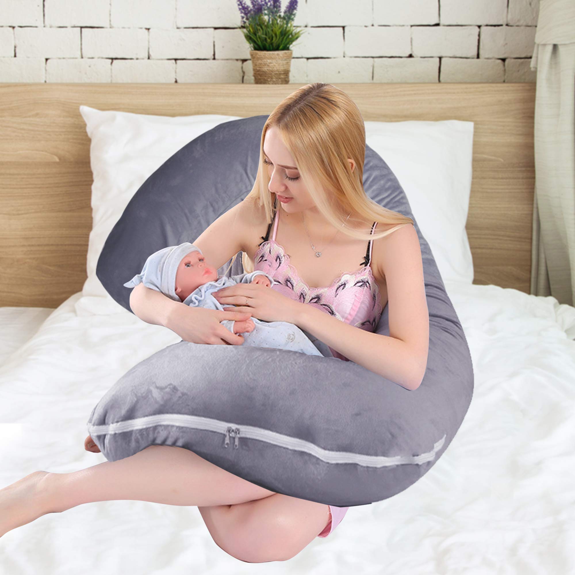 **J-Shaped Pregnancy Pillow for Full Body Support - 55 Inch Velvet Maternity Pillow for Pregnant Women with Machine-Washable Cover (Grey) - Perfect for Side Sleeping, Back Pain Relief & Comfort During Pregnancy**