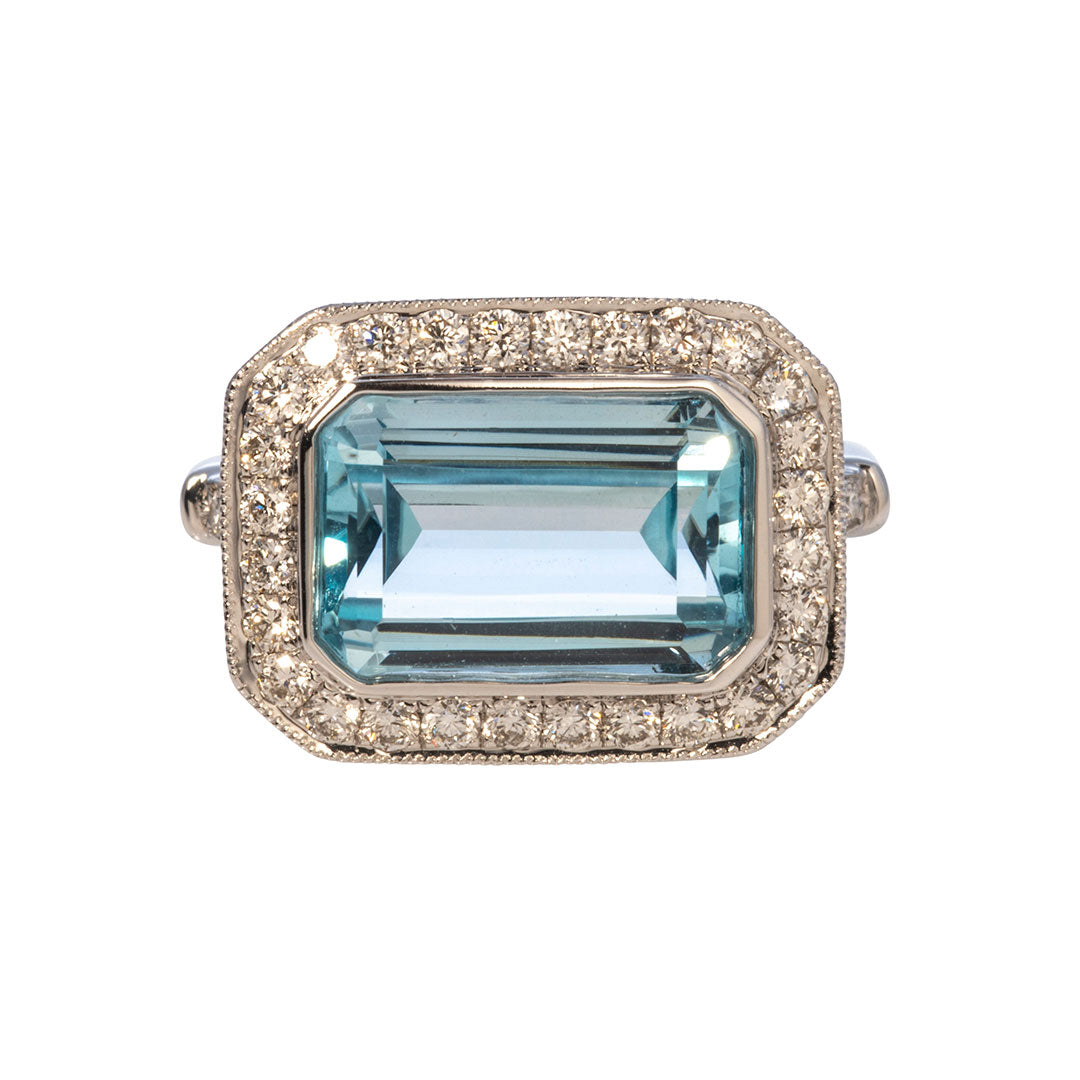 Emerald Cut Blue Topaz & Diamond Milgrain 18K White Gold Ring for Women - Elegant Engagement, Wedding, Anniversary Jewelry Gift
