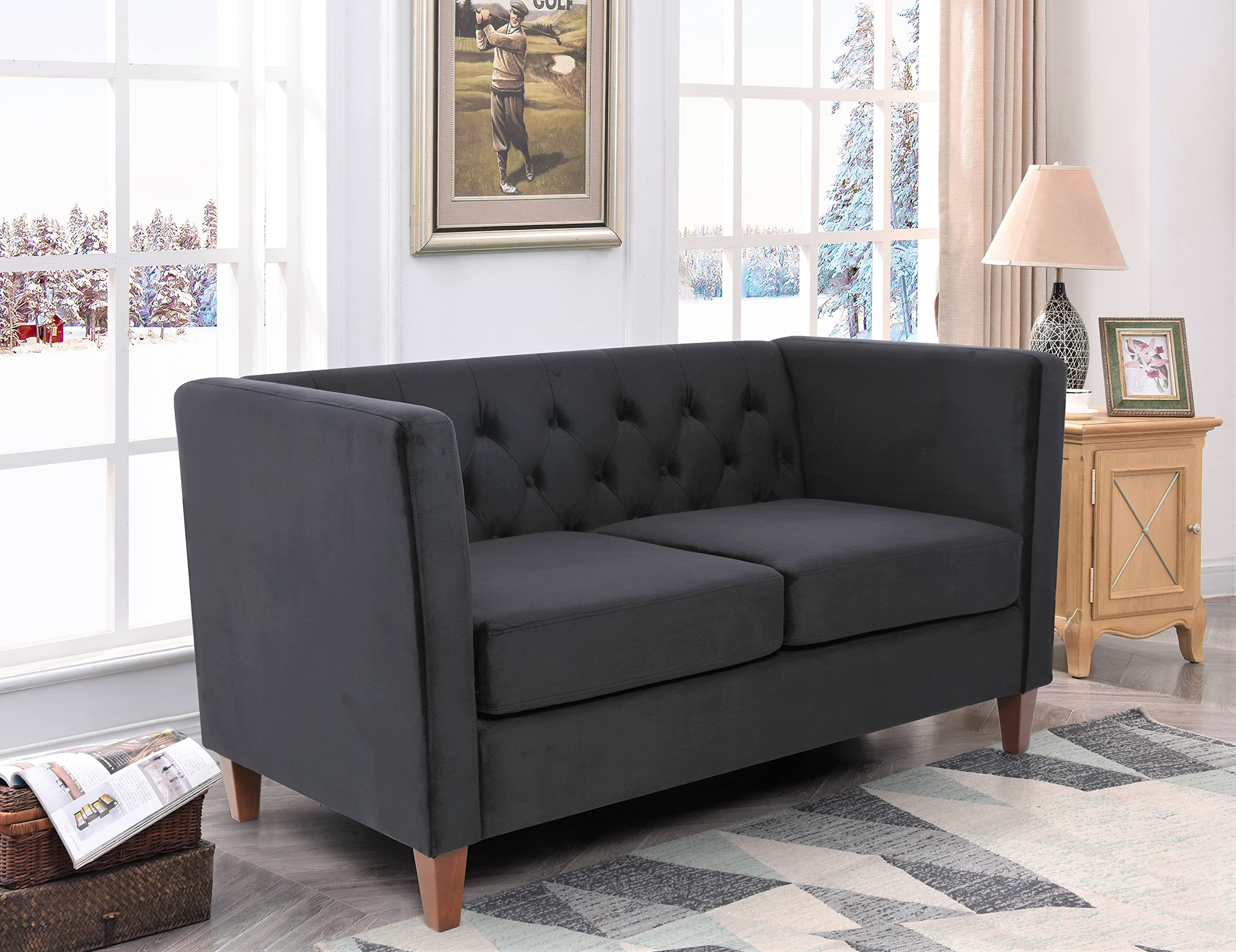 Modern Velvet Tufted 3-Seater Sofa - Upholstered Fabric Comfy Couch for Living Room, Office & Apartment - Accent Love Seat & Mini Couches in Black - Perfect for Lounge, Home Theater & Guest Room Seating