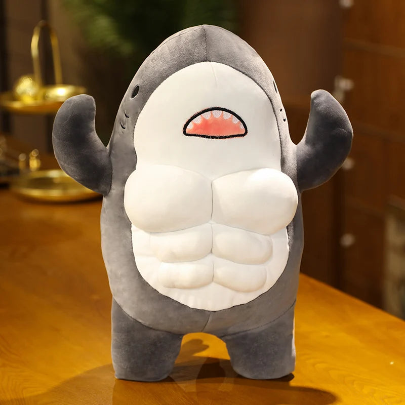 40cm Cute Workout Shark Plush Toy - Soft Stuffed Animal Pillow, Mr. Muscle Shark Doll for Kids & Girls - Perfect Gift for Bedtime, Nursery Decor, and Stress Relief