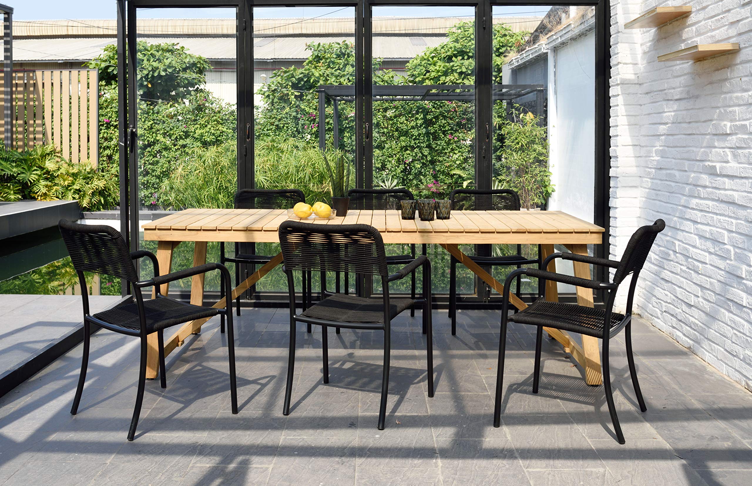 Premium 7-Piece Outdoor Dining Set - All-Weather Grade A Teak Wood Patio Furniture - Black Modern Backyard Dining Table & Chairs Set for Garden, Deck, Poolside & Outdoor Entertaining