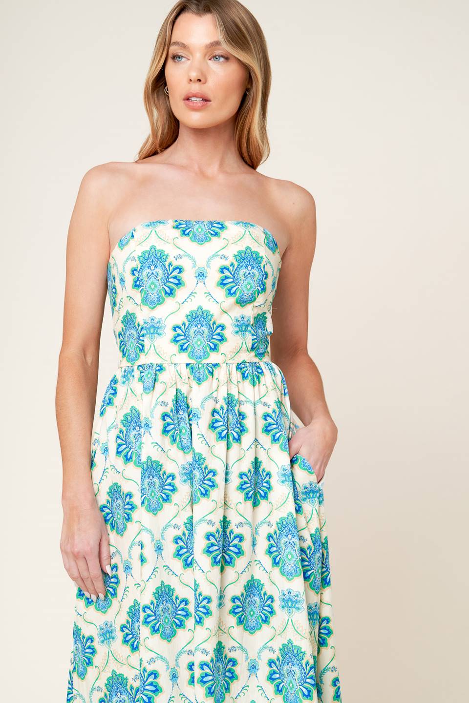 Elegant Strapless Midi Dress in Blue & Green - Perfect for Weddings, Parties & Summer Outings