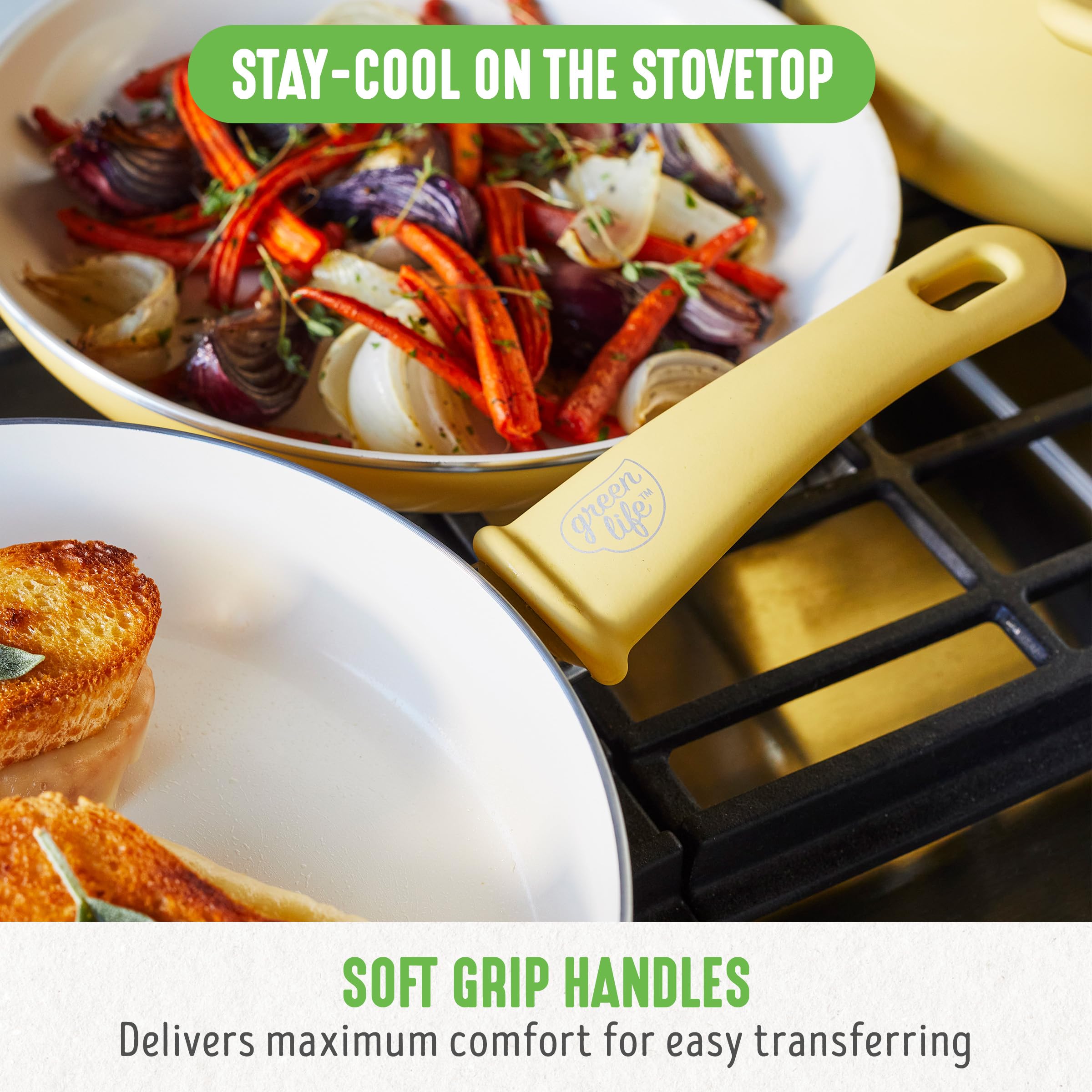 GreenLife Soft Grip 16-Piece Non-Toxic Cookware Set | PFAS-Free Ceramic Nonstick Pots & Pans | Frying Pan, Saucepan, Saute Pan with Glass Lids | Stay-Cool Handles, Wobble-Free Base | Dishwasher & Oven Safe | Perfect for Healthy Cooking & Family Meals | Vibrant Yellow