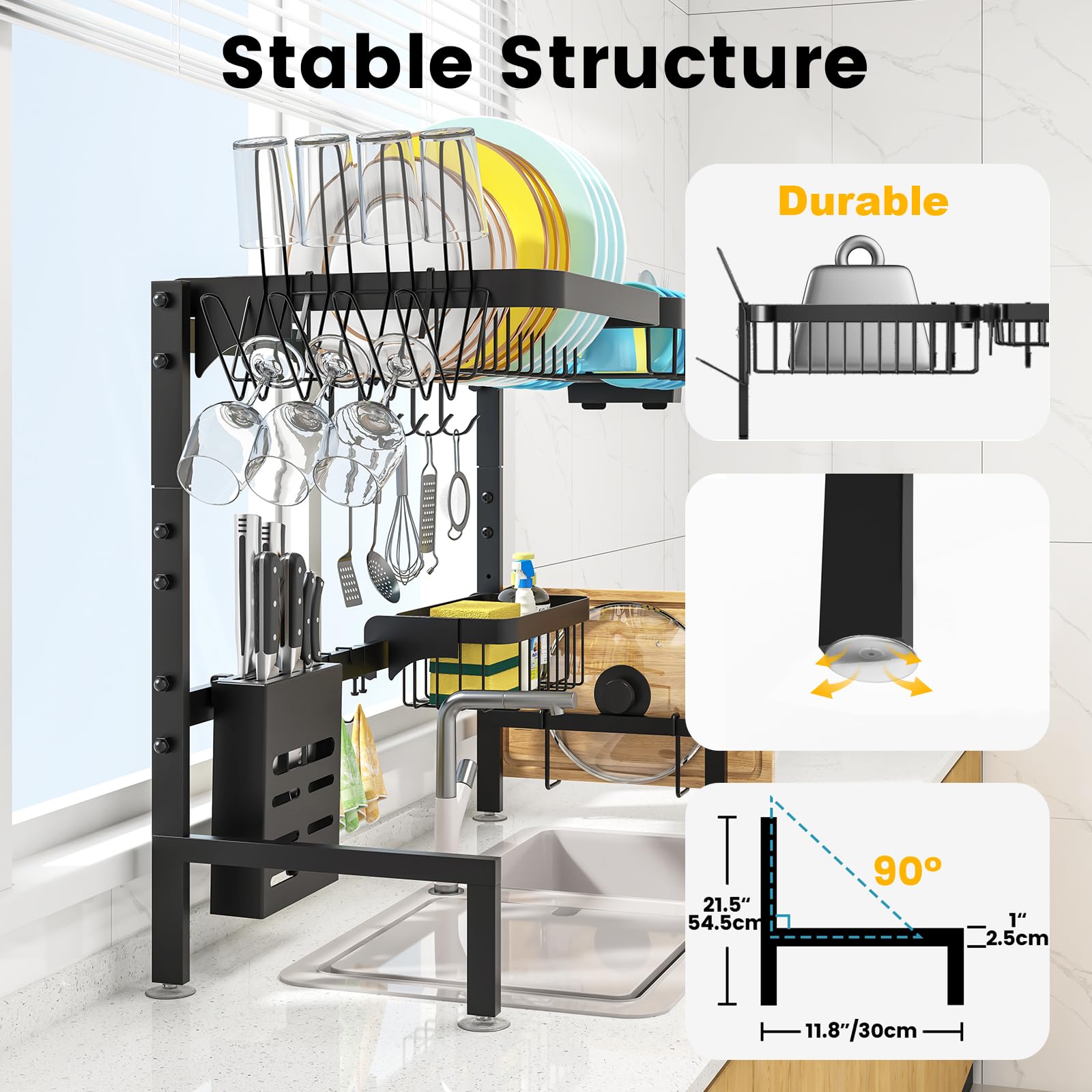 MERRYBOX 2-Tier Adjustable Stainless Steel Over The Sink Dish Drying Rack (25.6-33.5in) with Cutting Board Holder - Space Saving Kitchen Counter Organizer for Dishes, Utensils & Cookware - Perfect for Small Kitchens, Apartments & RV Use