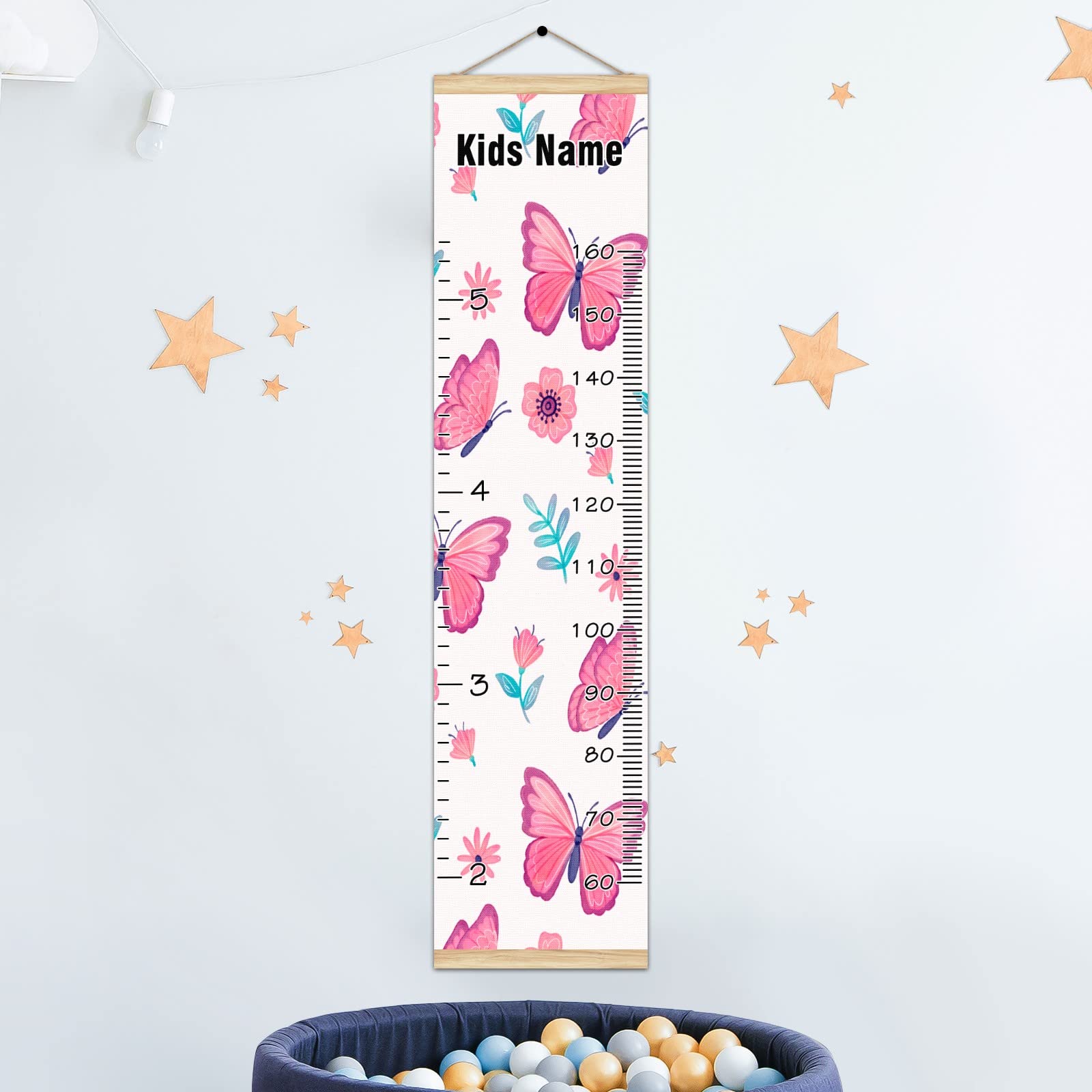 Personalized Kids Name Growth Chart Ruler - Wood Frame Wall Height Measure 13.4x56 Inches - Linen Hanging Growth Tracker with Pink Butterfly & Flower Design - Perfect for Nursery, Bedroom Decor & Baby Shower Gifts