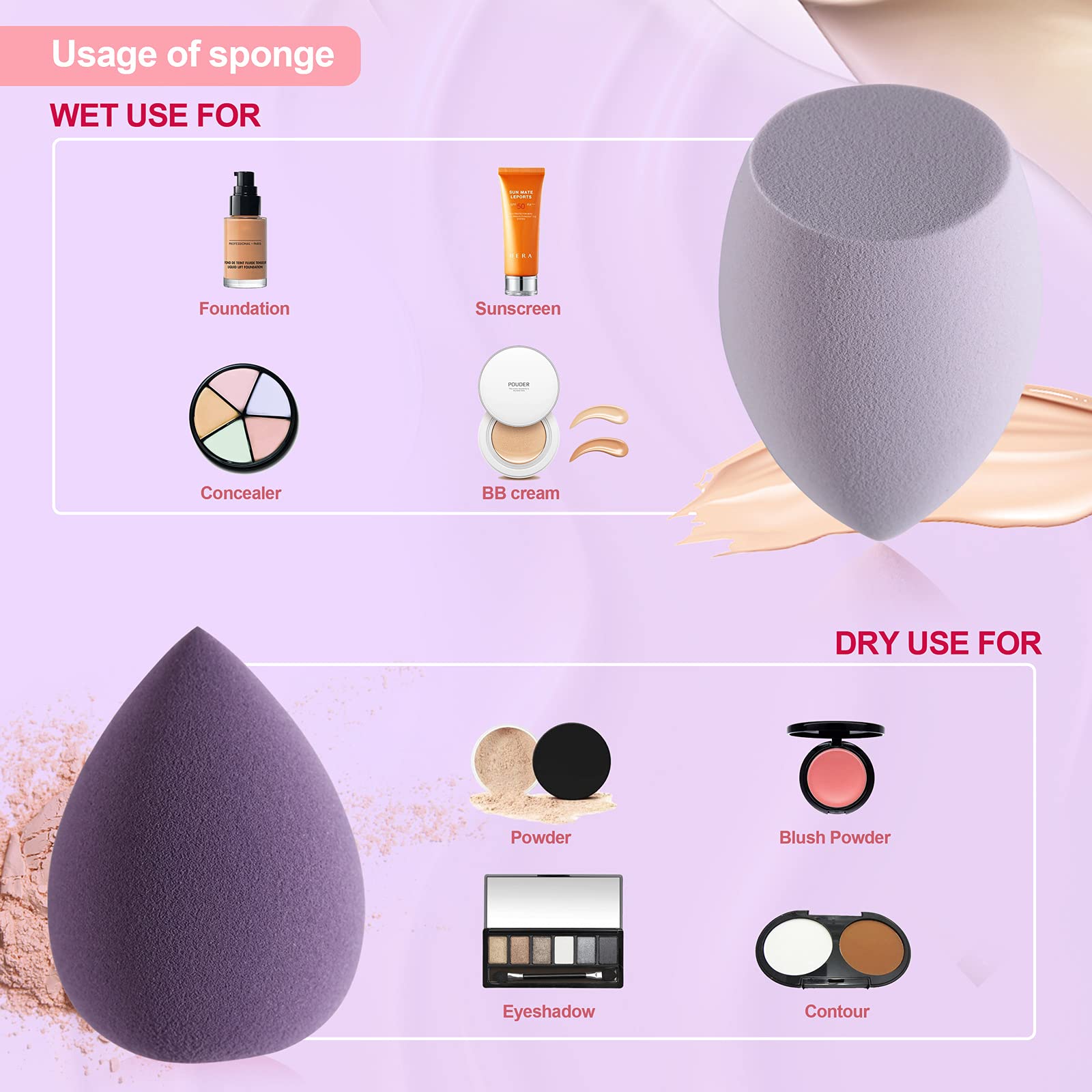 DUAIU 4-Pack Latex-Free Makeup Sponges Set - Soft Beauty Blender Foundation Sponge for Flawless Application (4 Colors + Holder Case, Morandi Purple) - Perfect for Liquid Foundation, Concealer & Cream Blending