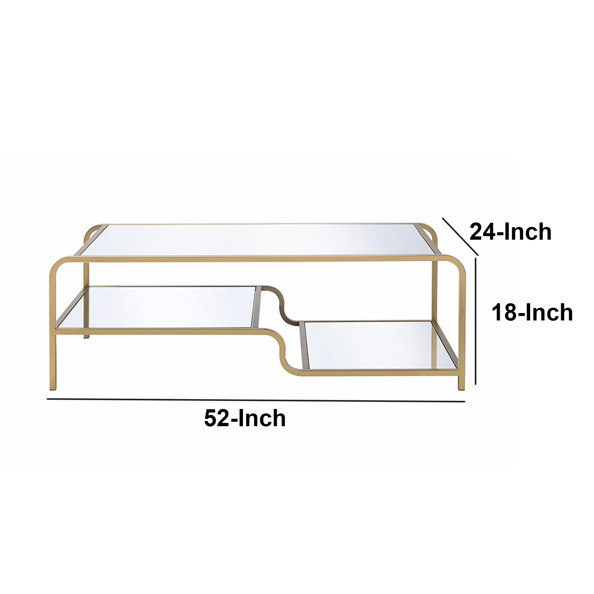 Benjara Gold and Clear Mirror Coffee Table with Tiered Shelves - Modern Living Room Centerpiece for Home Decor and Storage