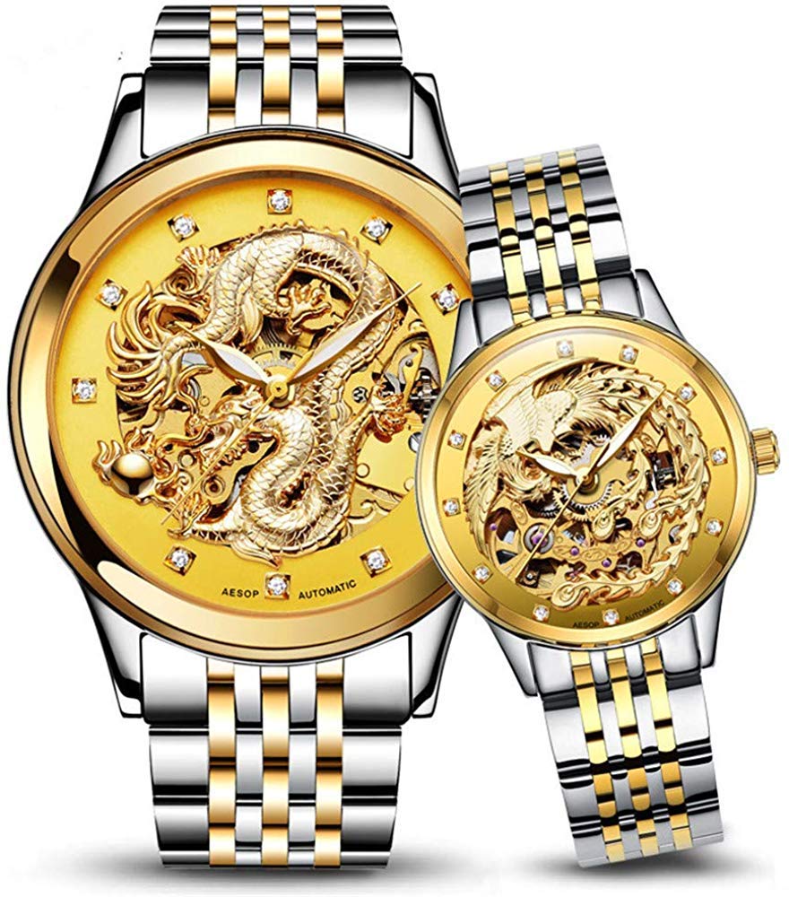 Luxury Dragon & Phoenix Couple Watches - Automatic Mechanical Gold Watch Set for Men & Women - Elegant Dress Watches for Couples, Anniversaries & Gifts (Gold)