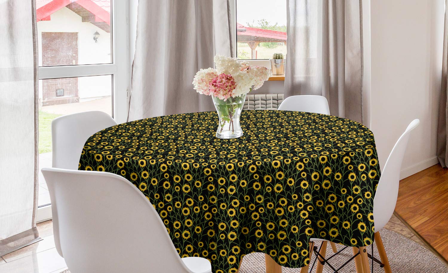 Ambesonne Summer Round Tablecloth - Sunflower Garden Harvest Theme, 60 Inch Circular Table Cover for Dining Room & Kitchen Decor in Earth Yellow & Black | Perfect for Autumn Gatherings, Thanksgiving Dinner & Seasonal Home Decoration