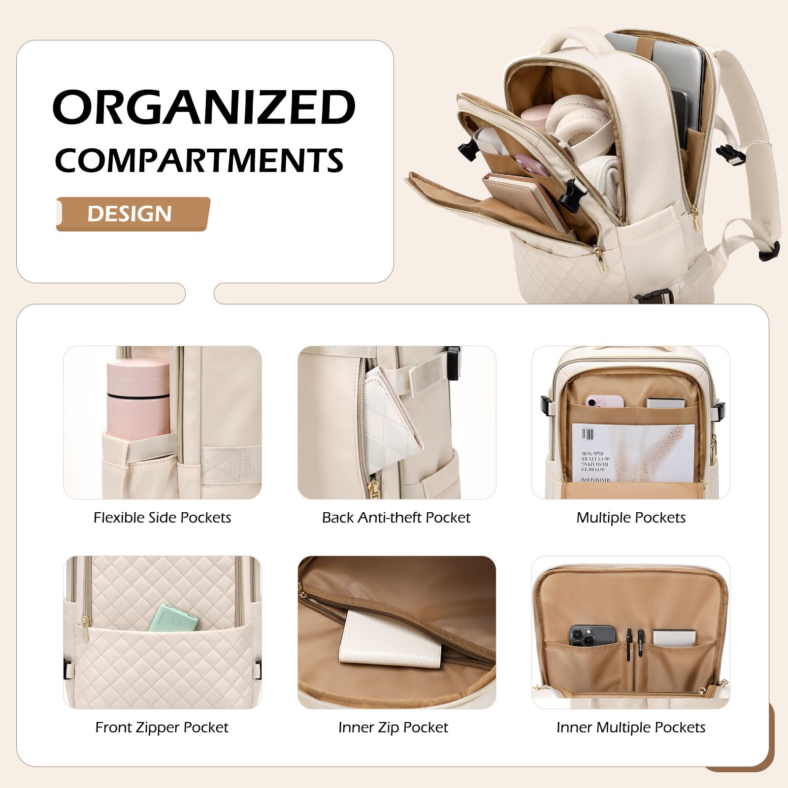 Large Travel Backpack for Women & Men - 36L Lightweight Waterproof Carry On Backpack Fits 15.6 Inch Laptop, Perfect for College, Work, Hiking & Daily Commute - Beige