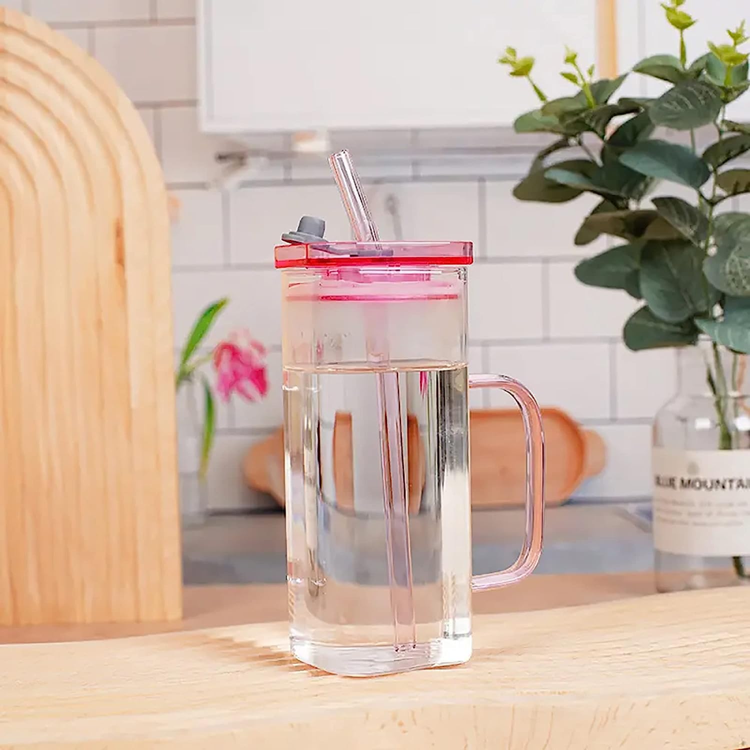 KEXES 350ml Square Cocktail Glasses with Lids & Straws - Set of 1 Premium Beer Mug, Iced Coffee & Soda Can Glassware - Perfect for Home Bars, Parties, and Summer Drinks