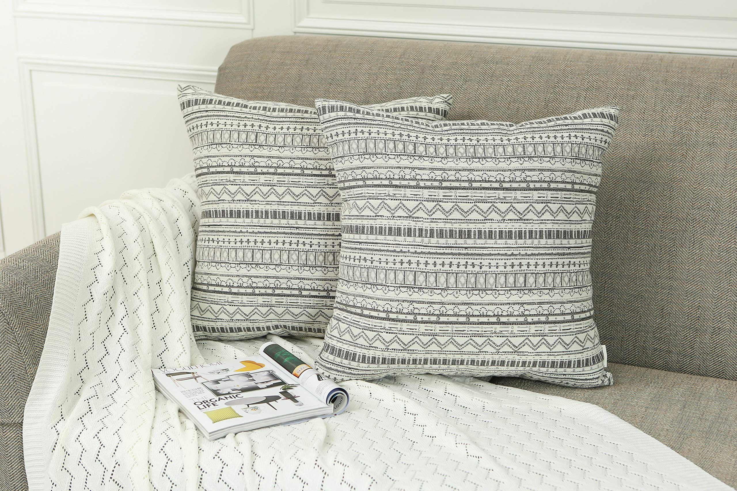 2 Pack Bohemian Striped Geometric Throw Pillow Covers 20x20 Inches - Gray & Cream Decorative Sofa Couch Bed Pillow Cases for Living Room, Bedroom & Home Decor