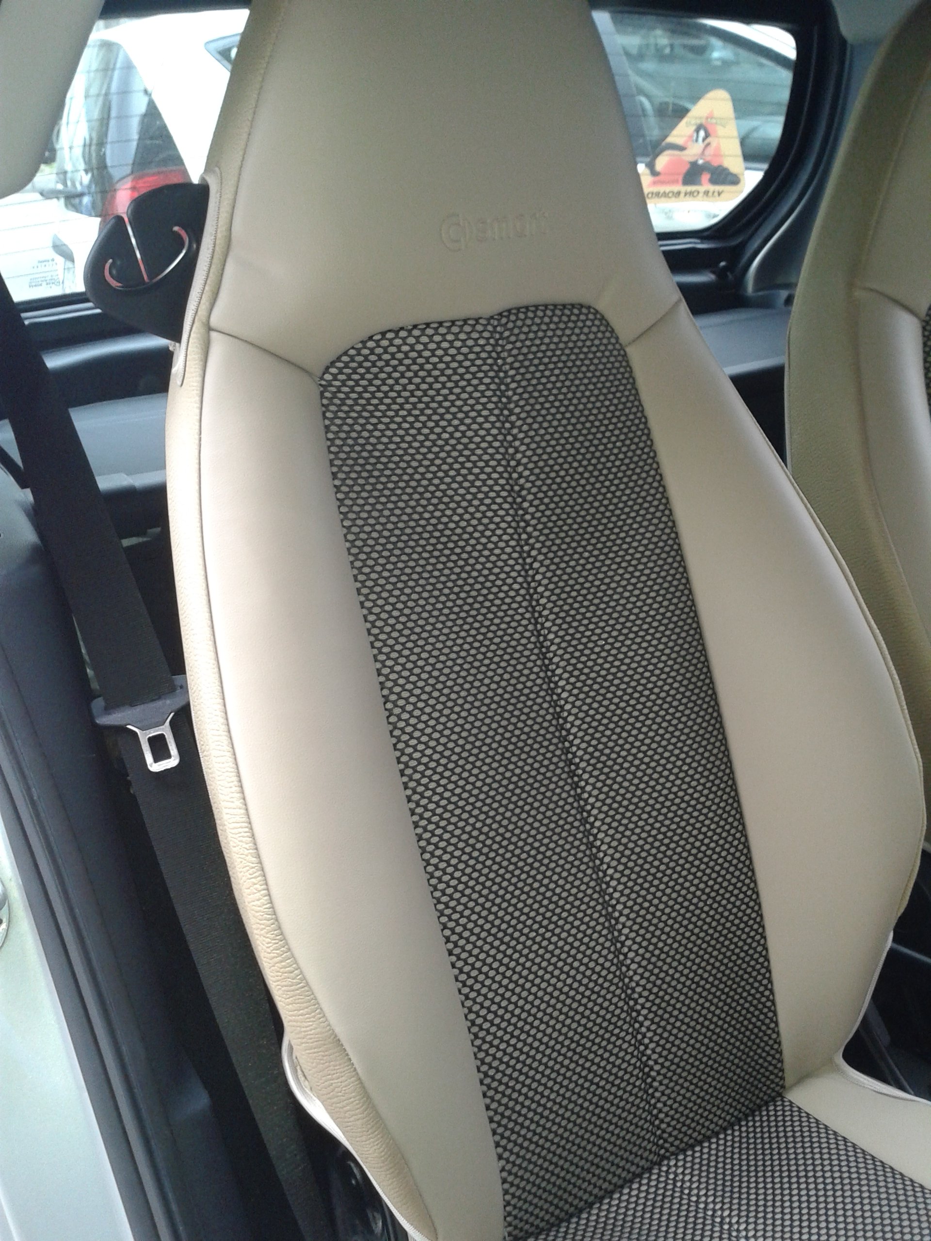 Custom Fit Smart Fortwo 2015-453 Leatherette & Two-Tone Synthetic Fishnet Car Seat Covers with Side Belt Clip - Beige/Black | Premium Protection & Comfort for Daily Commute, Road Trips & City Driving