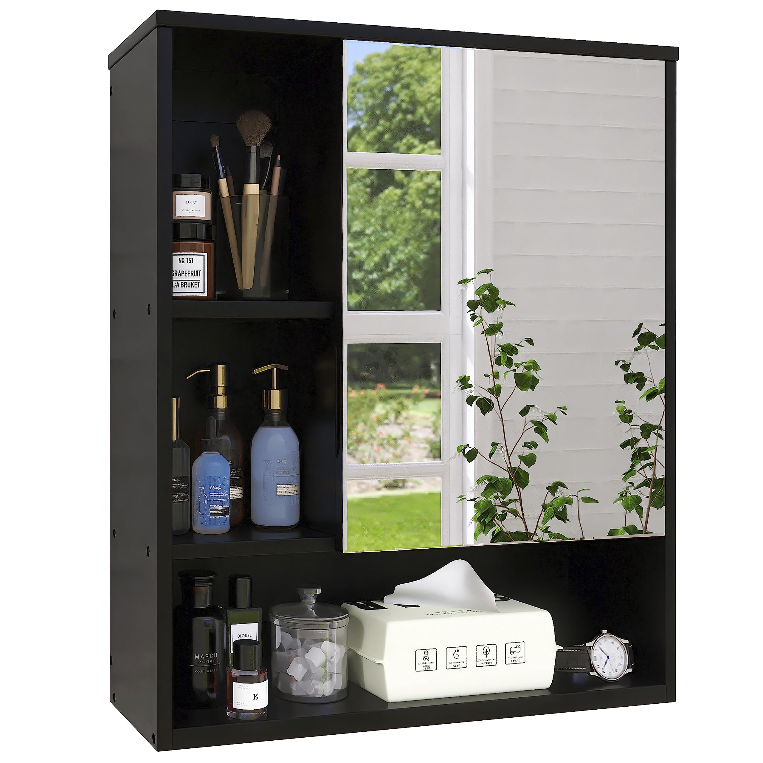 SMIBY Wall Mounted Bathroom Mirror Cabinet - Bamboo Medicine Cabinet with Adjustable Shelf, Space Saving Over Toilet Storage for Bathroom Organization (Black) - Perfect for Small Bathrooms, Apartments & Vanity Areas