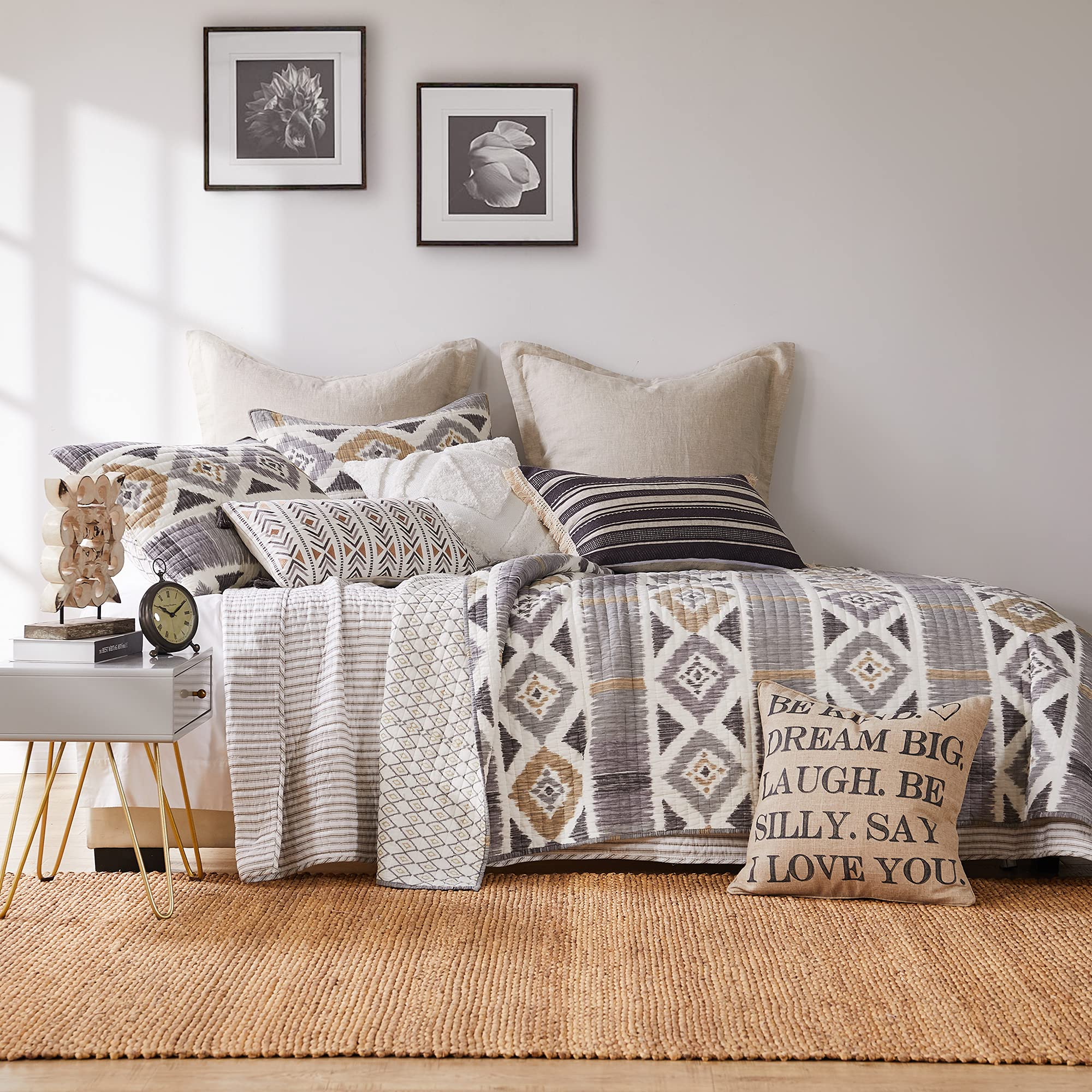 Levtex Home Santa Fe Twin/Twin XL Quilt - Reversible Cotton Ikat Pattern Bedspread in Soft Grey, Cream & Tan - 68x86 Inches - Perfect for Kids' Rooms, Guest Bedrooms & Cozy Dorm Decor