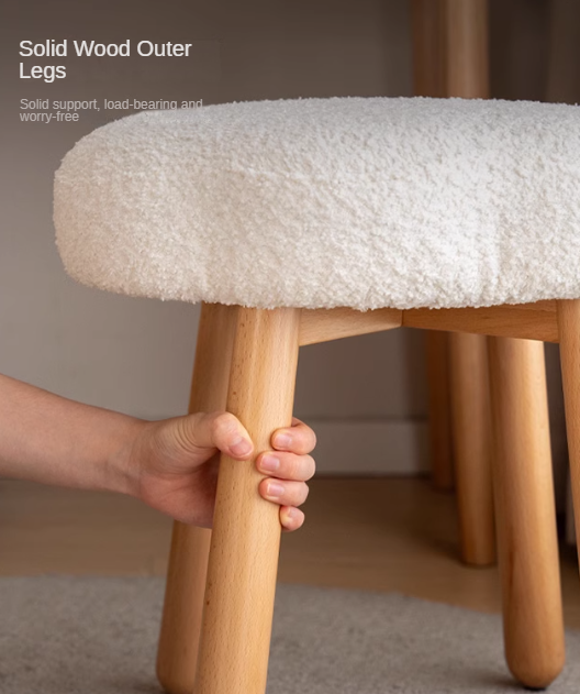 Nordic Style Solid Wood Makeup Stool - Beech & Birch with Lamb Velvet Cloud Cushion for Vanity, Dressing Table, and Bedroom Decor