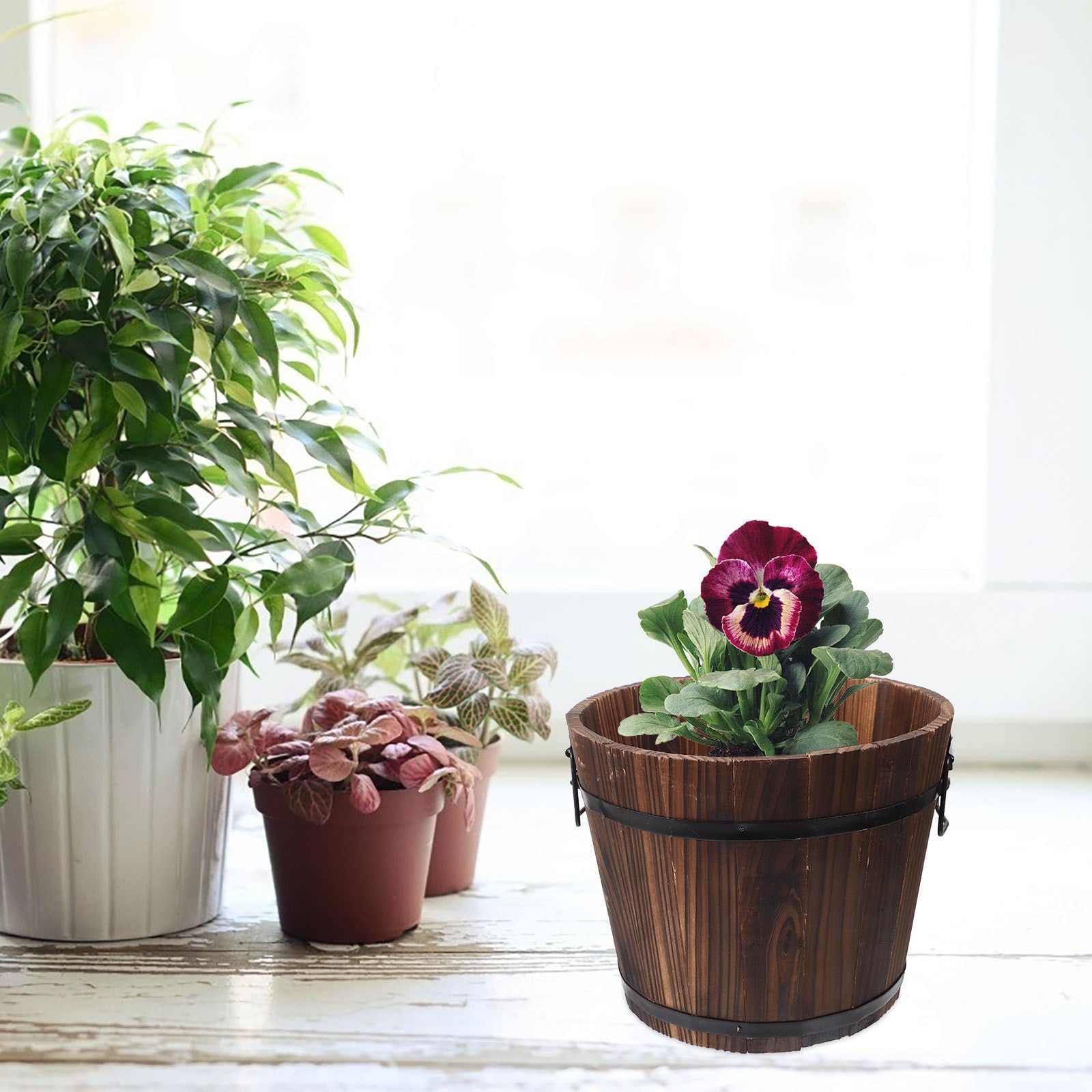 Rustic Wooden Flower Planter Barrel with Drainage Holes & Handles - 11.8 x 9.1 Inch Decorative Garden Bucket for Patio, Backyard, and Indoor Plants - Perfect for Flowers, Succulents, and Herbs