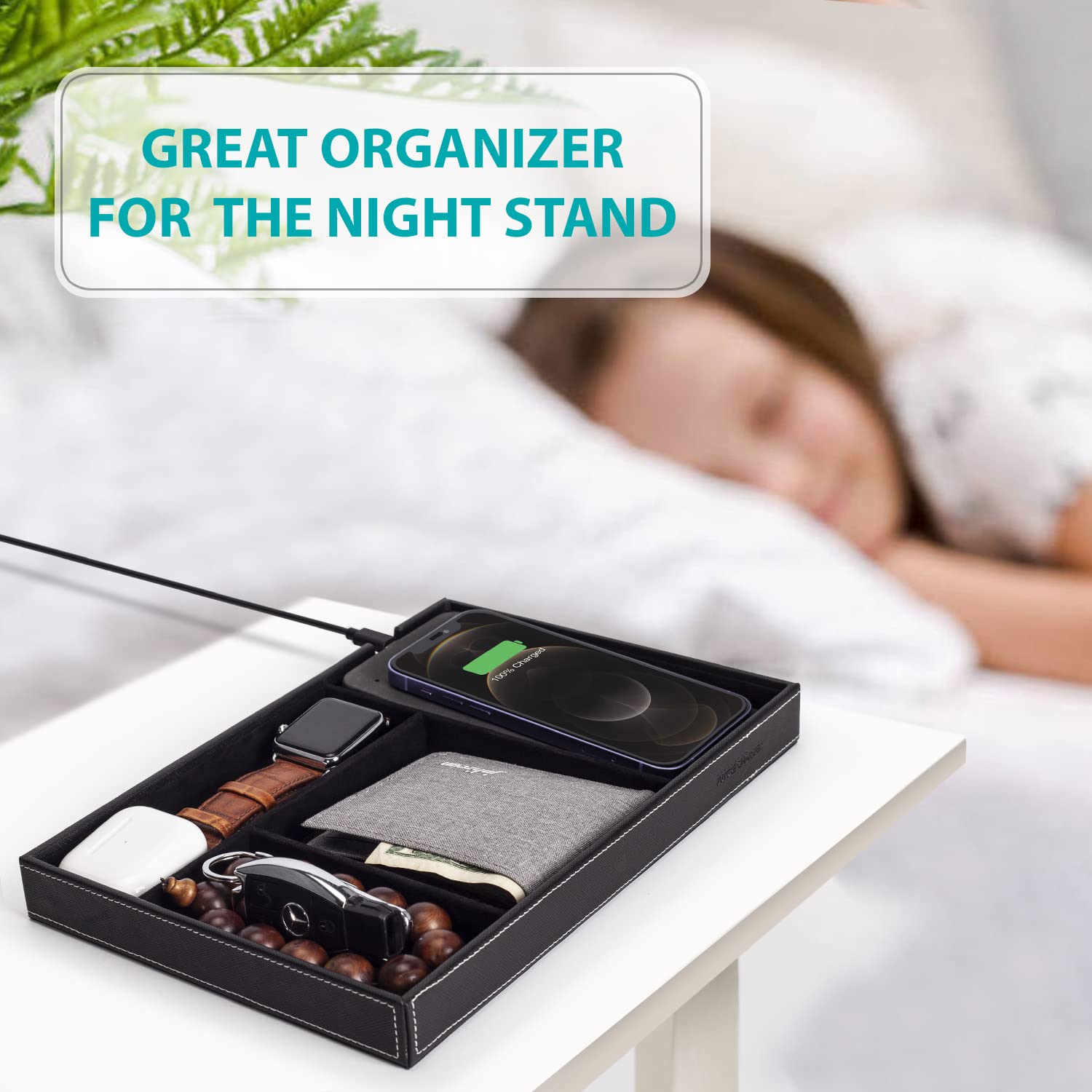 Wireless Charging Valet Tray with Faux Leather - Nightstand & Dresser Organizer for Jewelry, Watch, Keys - Men's & Women's Valet Station with Built-in Qi Charger (Black) - Perfect for Bedroom, Office, Entryway Organization