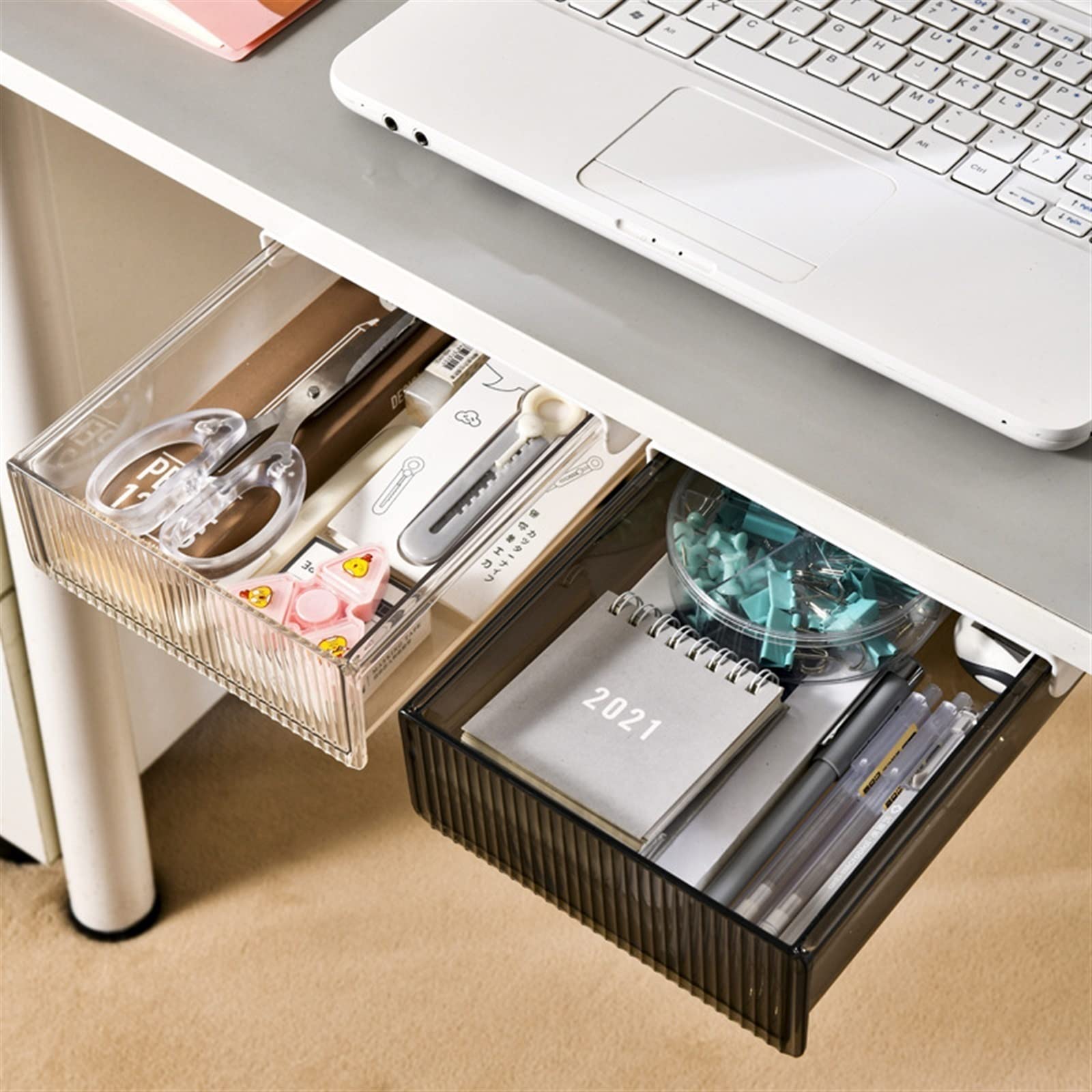 Under Desk Drawer Organizer - Self Adhesive Pen & Pencil Holder Tray for Office Desk, Sticky Hidden Storage Box for Stationery - Fits Closet, Bookcase, Kitchen Cabinet (White, Small) - Perfect for Home Office & Workspace Organization