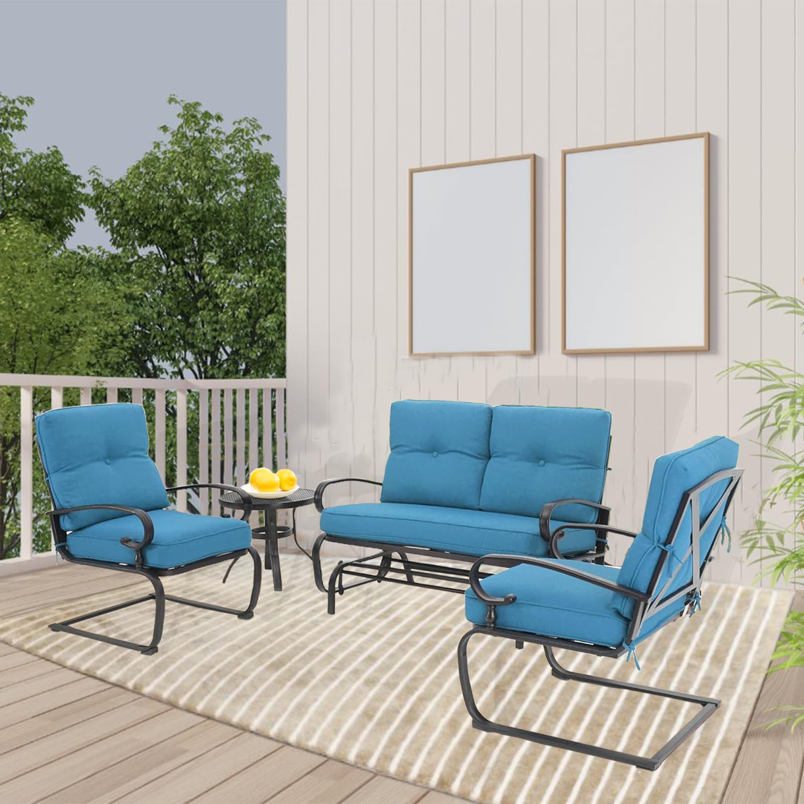 SOLAURA 4-Piece Outdoor Patio Furniture Set - Peacock Blue Glider Loveseat Swing, Spring Lounge Chairs & Side Table - Perfect for Garden, Deck, Balcony, Poolside & Lawn Relaxation | Durable Weather-Resistant Conversation Set for Outdoor Entertaining