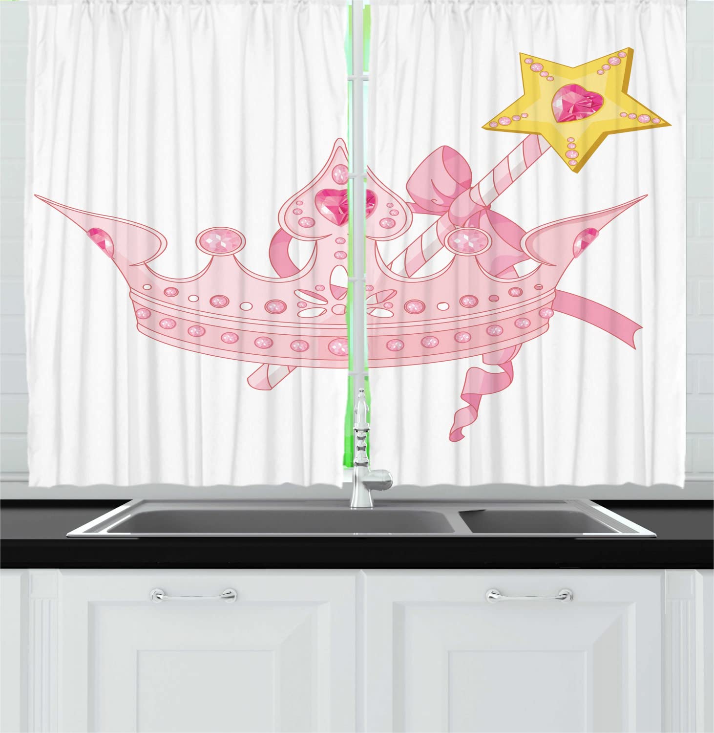 Ambesonne Cartoon Crown & Magic Wand Kitchen Curtains - Golden Yellow Antique Art Drapes with Rod Pocket, 55