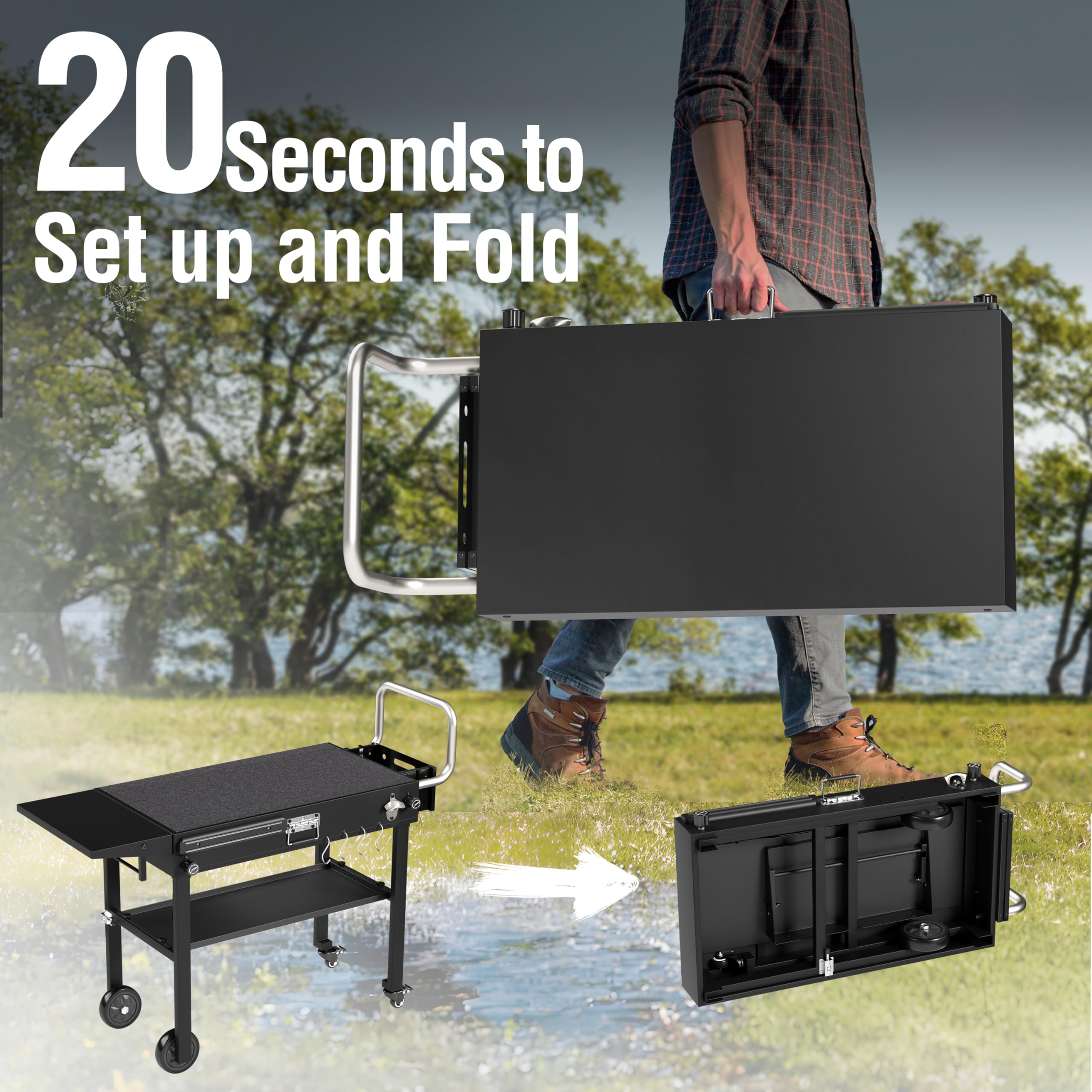 Portable Outdoor Grill Table with Wheels - Folding Grill Cart for Blackstone Griddle & Ninja Grill - Large Cooking Space with Paper Towel Holder - Perfect for Backyard BBQs, Camping & Tailgating Parties