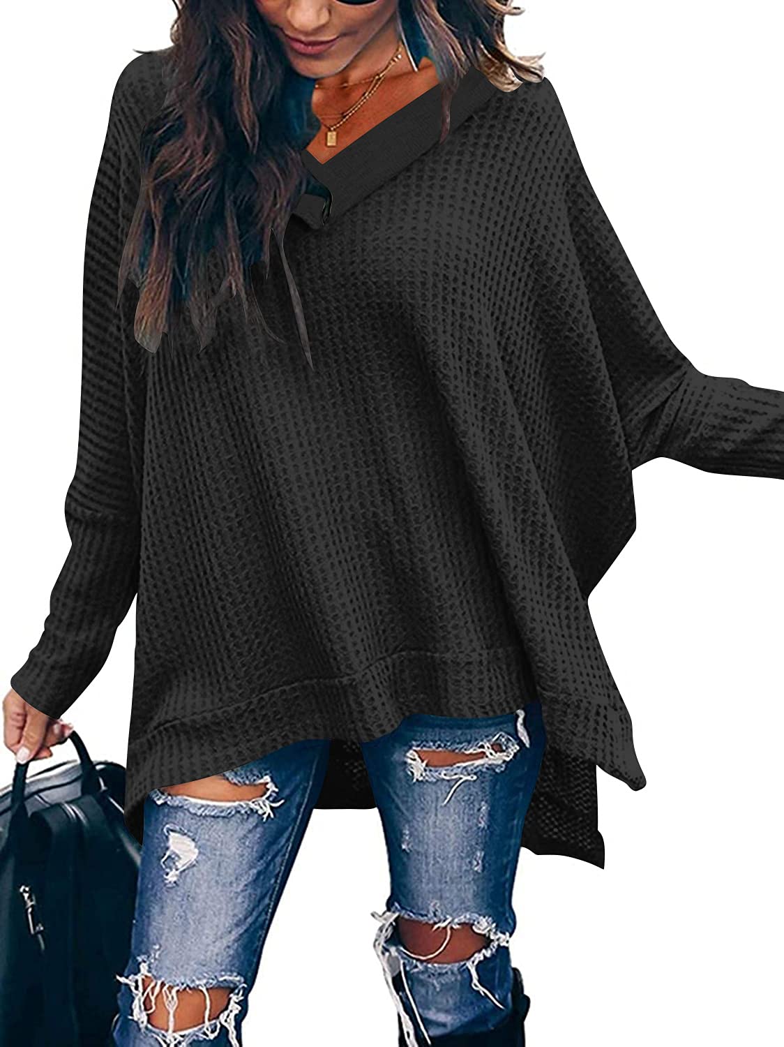 ANRABESS Women's Oversized Sweater - Long Batwing Sleeve Waffle Knit Pullover Top with Split Hem | Casual Loose Crewneck Tunic for Fall & Winter | Perfect for Coffee Dates, Office Wear and Weekend Outfits