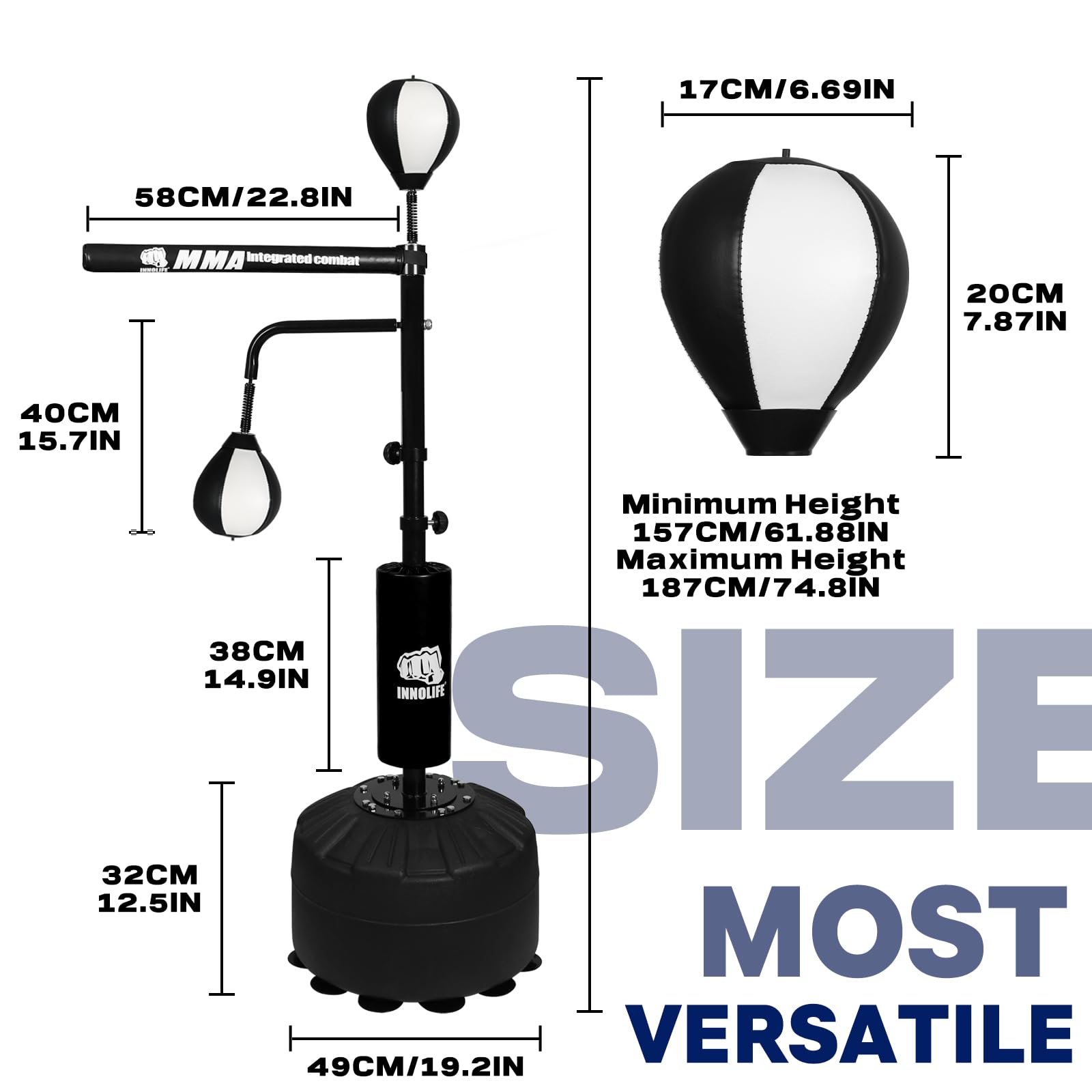 82IN Boxing Speed Trainer with Punching Bag Spinning Bar & Reflex Ball - Adjustable Boxing Training Equipment for Adults & Kids - Includes 2 Balls for Versatile Workouts (Black) - Perfect for Home Gym, Boxing Practice & Reflex Training