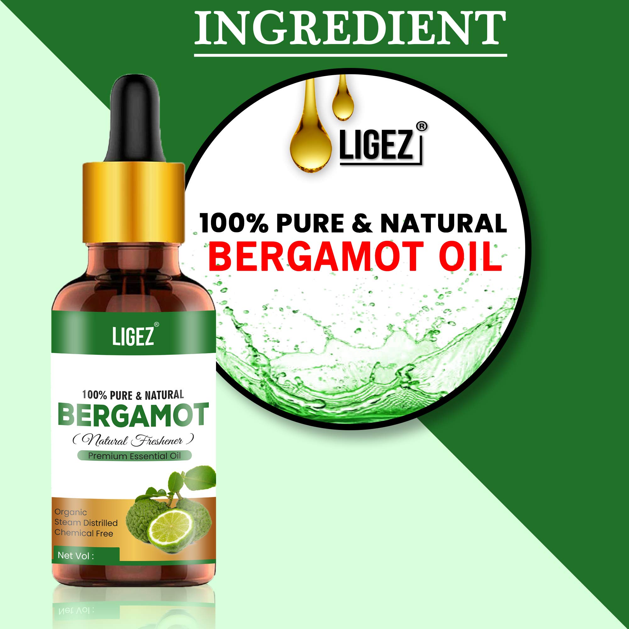 Ligez 100% Pure Natural Bergamot Essential Oil - 2 Pack (30ml Each) for Aromatherapy, Diffuser, Massage & Stress Relief