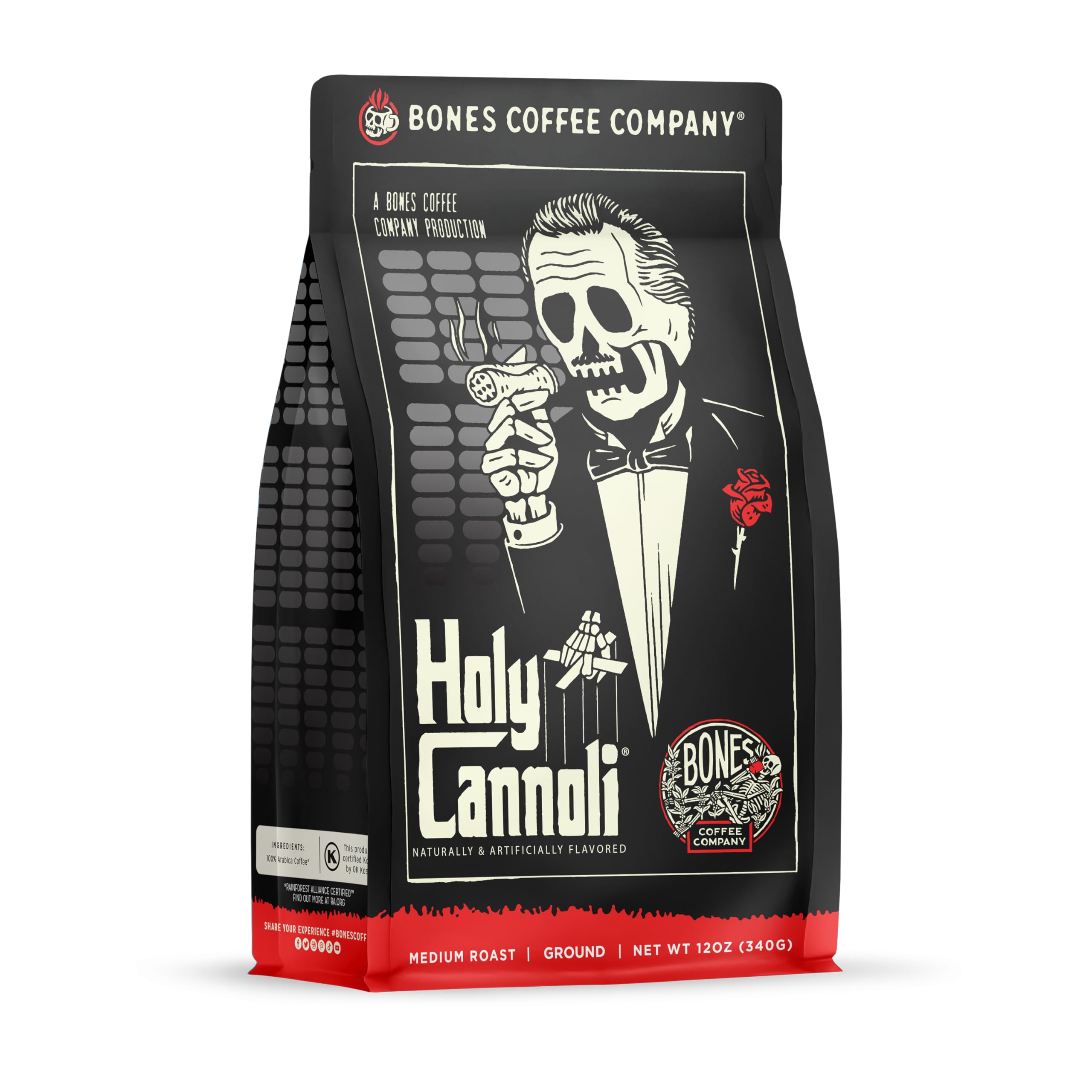 Bones Coffee Company Holy Cannoli Flavored Medium Roast Coffee Beans - Low Acid Ground Coffee with Authentic Cannoli Taste (12 oz) - Perfect for Breakfast, Dessert Pairing & Italian-Themed Gatherings