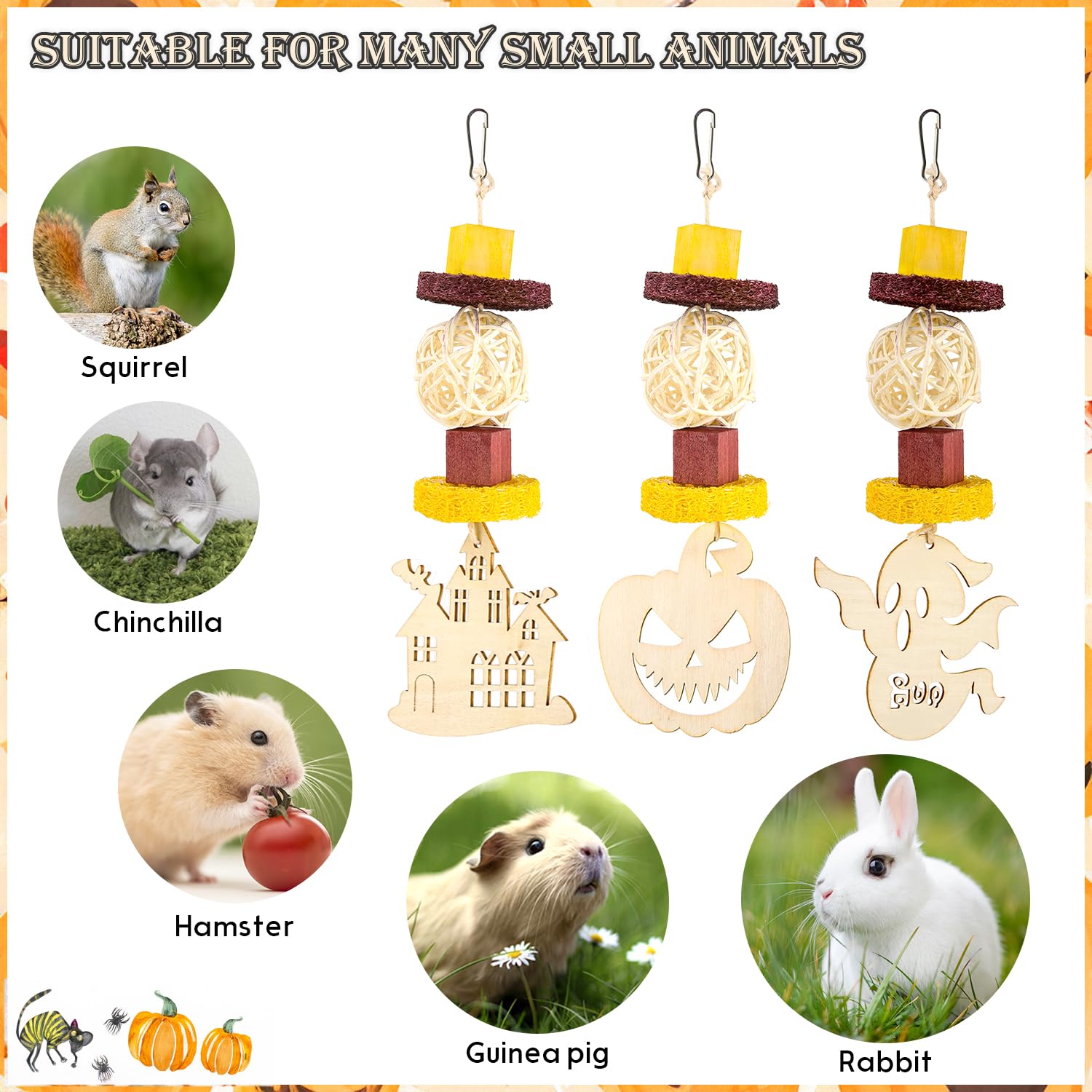 Halloween Guinea Pig Chew Toys - 3 Pack Wooden Rabbit Hamster Treats for Chinchillas, Rats & Small Pets - Hanging Cage Accessories for Teeth Care & Enrichment - Perfect Halloween Decor & Gifts for Bunny, Rodent Owners
