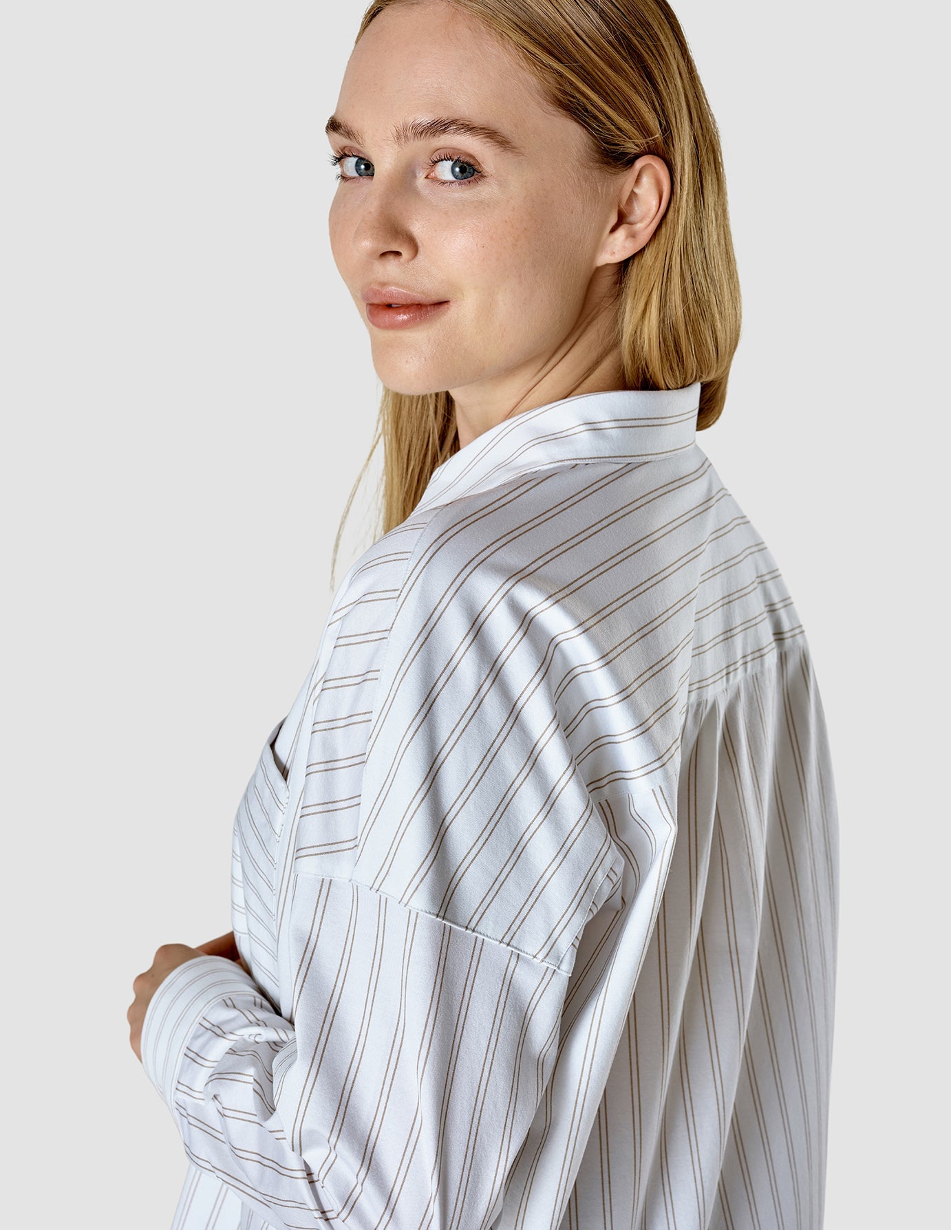 Oversized Long Sleeve Shirt with Halo Stripes in Latte Color - Perfect for Casual Outfits, Layering & Fall Fashion