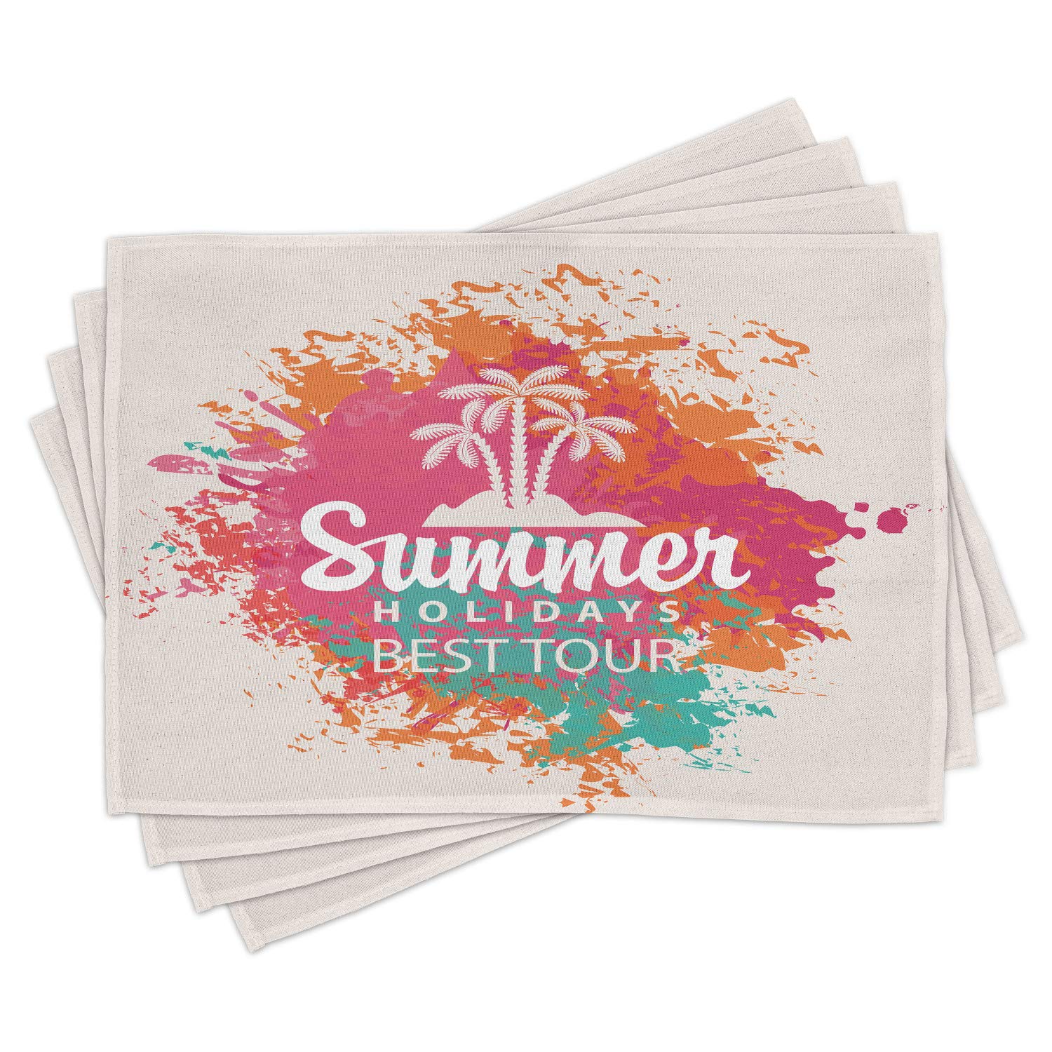 Ambesonne Summer Holiday Place Mats Set of 4 - Tropical Palm Tree Island Rainbow Design, Washable Fabric Dining Table Mats for Kitchen & Dining Room Decor - Perfect for Beach Themed Parties, Outdoor Picnics, and Vacation Home Decor