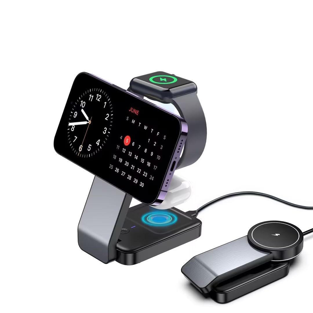3-in-1 Foldable Wireless Charging Station for iPhone 16/15/14/13/12 (MagSafe Compatible), Apple Watch 10/9/8/7 & AirPods - Fast Charging Stand for Apple Devices | Perfect for Nightstand, Office Desk & Travel Use