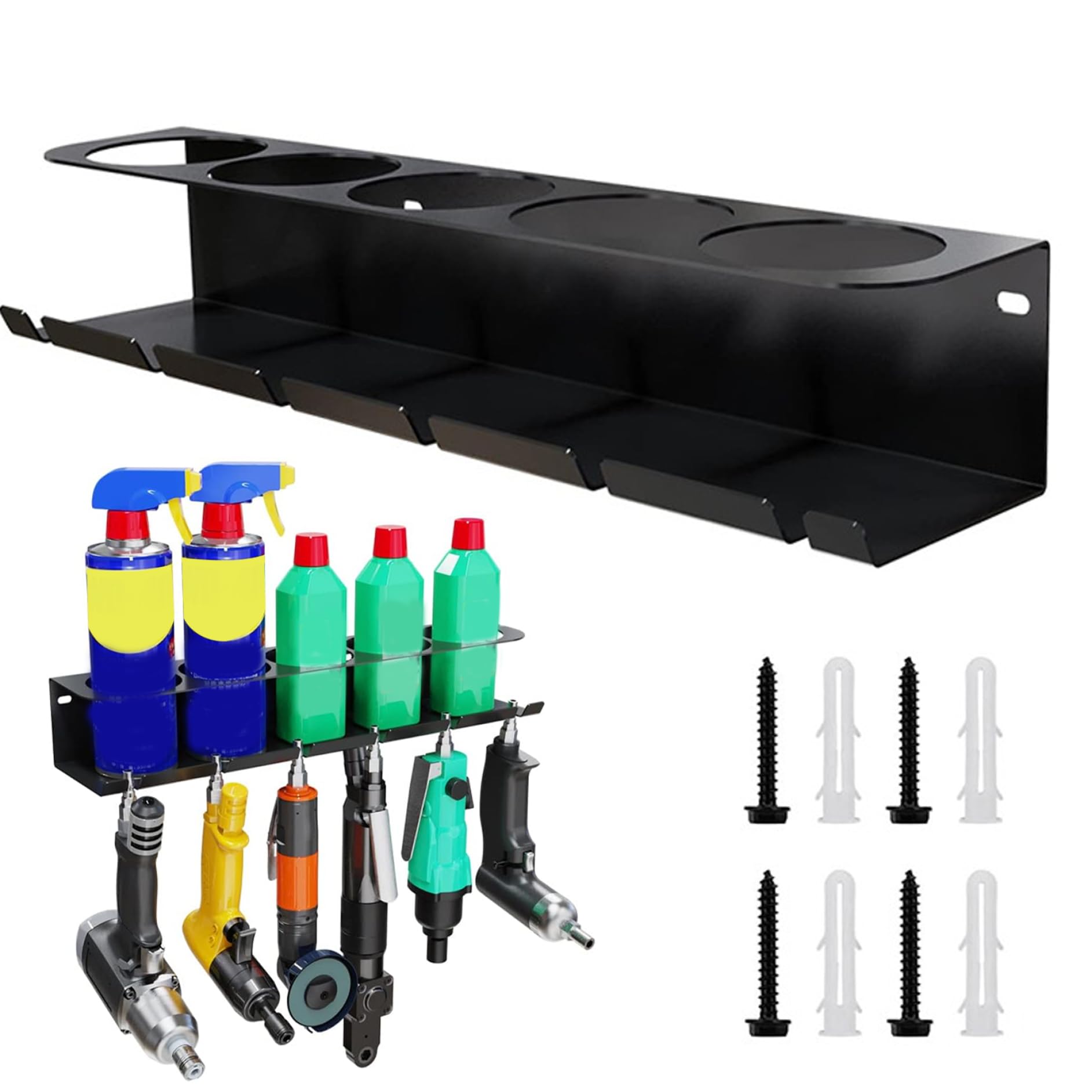 Wall Mount Spray Bottle Holder with 5 Can Capacity & 6 Slots - Heavy Duty Metal Aerosol Can Organizer for Garage, Workshop, and Workspace - Perfect for Storing Cleaning Supplies, Air Tools, and Automotive Products