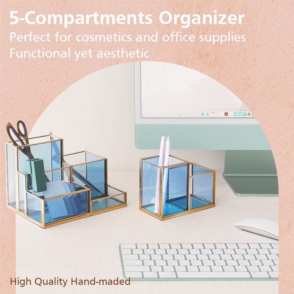 Elegant Gold & Blue Glass Desk Organizer - 2-Compartment Pen Holder, Makeup Brush & Pencil Cup for Office & Vanity | Stylish Cosmetic Storage & Desk Accessories for Women | Perfect for Home Office, Makeup Vanity & Workspace Organization