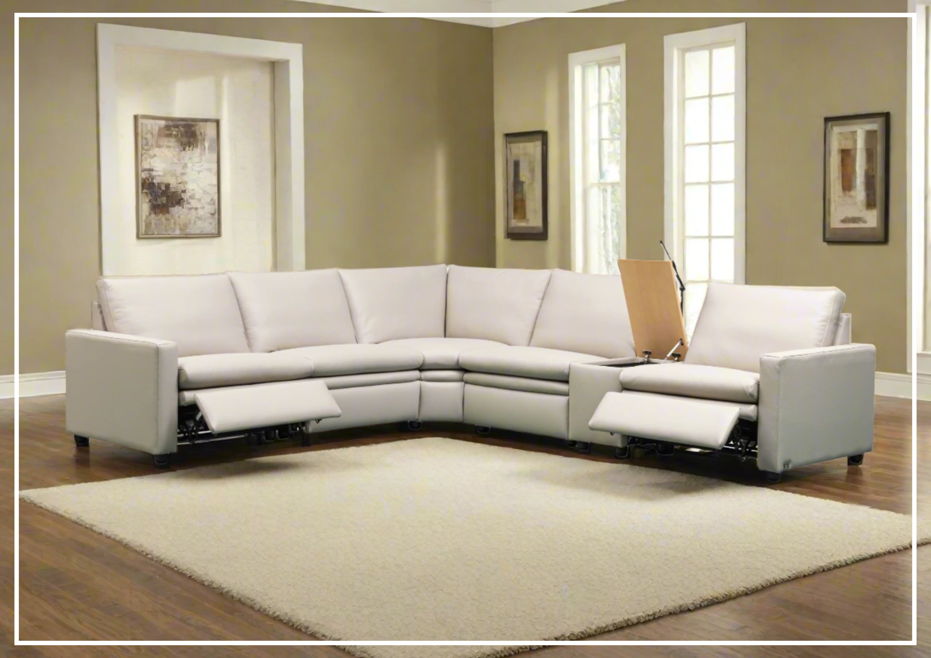 Klaussner Roma 6-Piece Beige Leather Power Reclining Sectional Sofa Set with USB Chargers - Modern Living Room Furniture for Home Theater & Family Gatherings