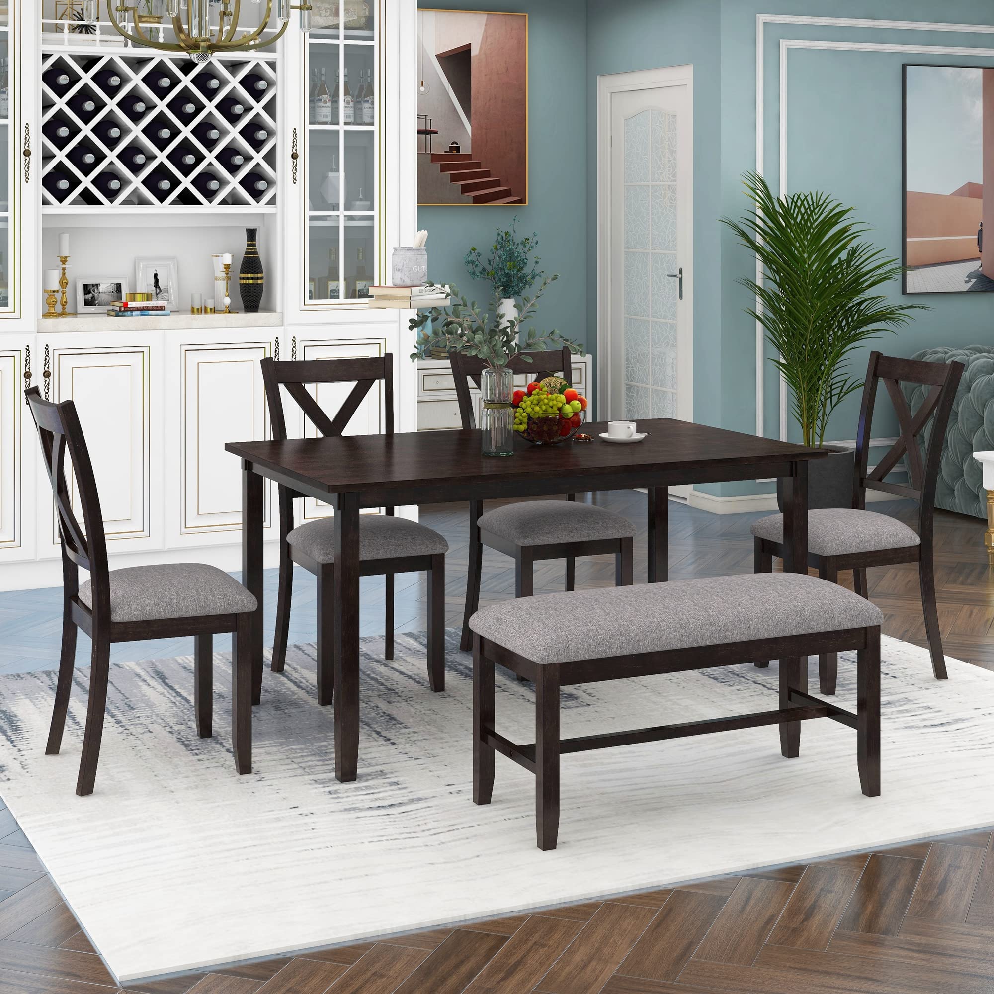 Merax 6-Piece Wooden Dining Set with Table, 4 Chairs & Bench - Espresso Finish Rectangular Kitchen & Dining Room Furniture for Family Meals & Entertaining