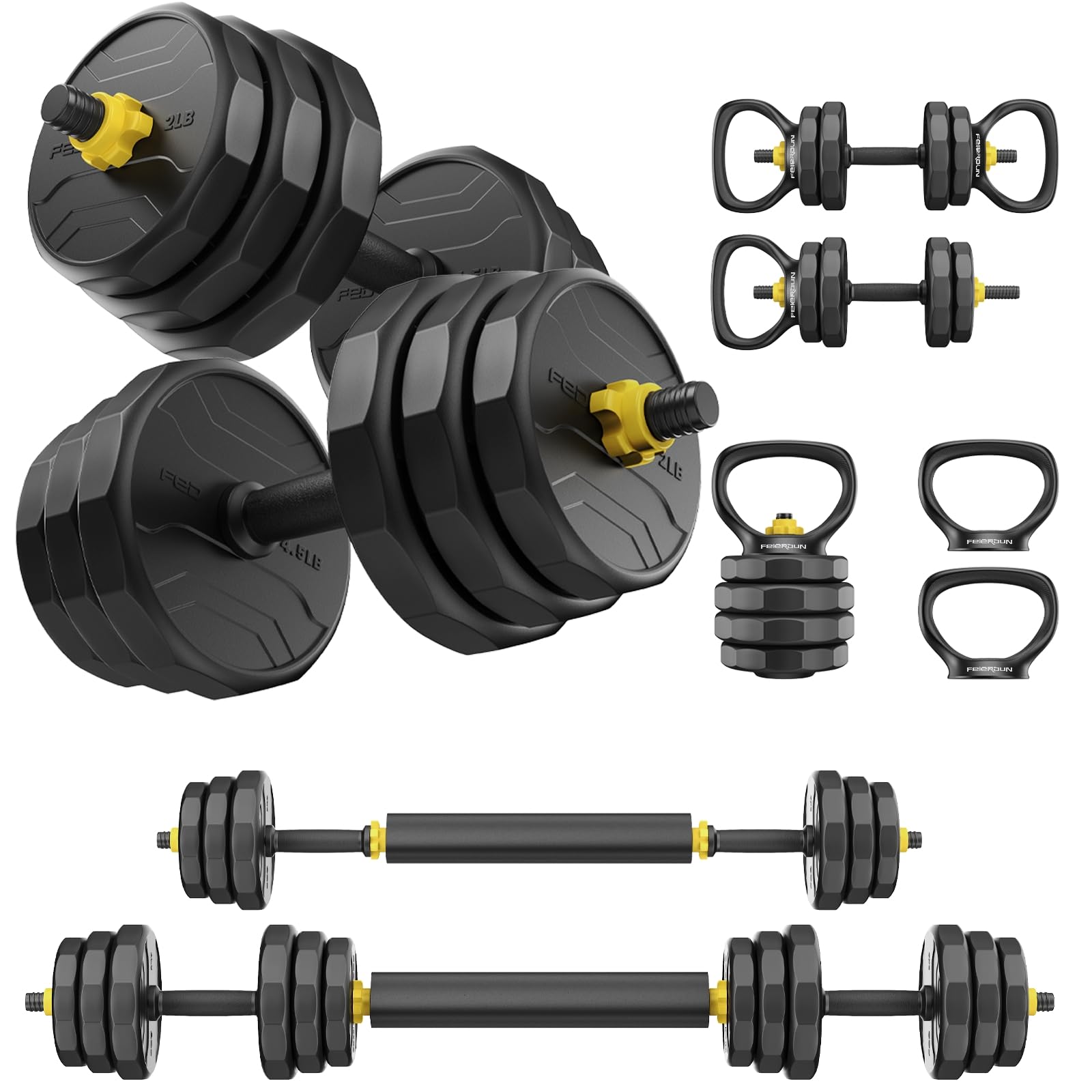 FEIERDUN Adjustable Dumbbells Set 40-88lbs, 4-in-1 Free Weights for Home Gym - Convertible to Barbell, Kettlebells & Push-Up Stand - Strength Training Equipment for Men & Women - Perfect for Weight Lifting, HIIT, CrossFit & Full-Body Workouts