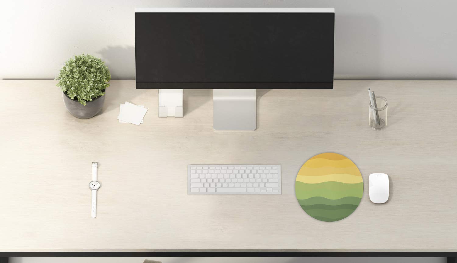 Ambesonne Abstract Round Gaming Mouse Pad - Non-Slip Thick Rubber Base with Earth-Inspired Green & Yellow Wavy Lines - 8 Inch Computer Mousepad for Office, Gaming & Home Use
