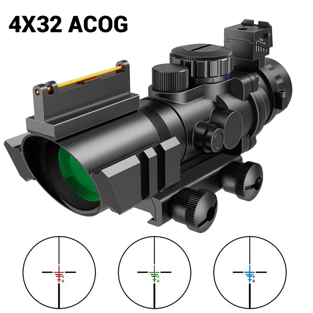 4x32 ACOG Rifle Scope - Tactical Riflescope with Reflex Optics & Fiber Iron Sights | 20mm Prism Scope for Hunting, Shooting & Outdoor Adventures